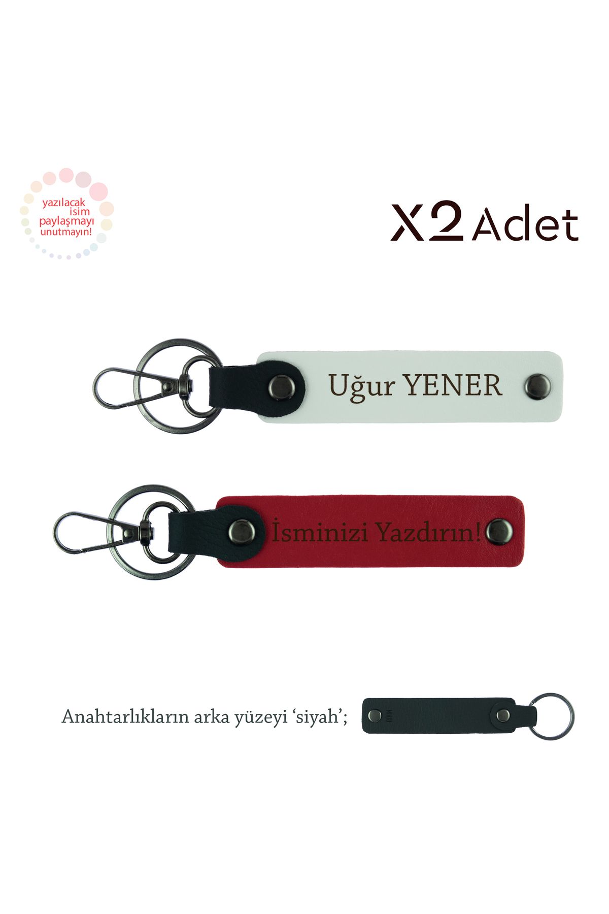 Miaju Akrabaya Manevi Hediye, İsim & Soyisim Yazılı 2’li Anahtarlık Seti, Kırmızı-Beyaz-Siyah