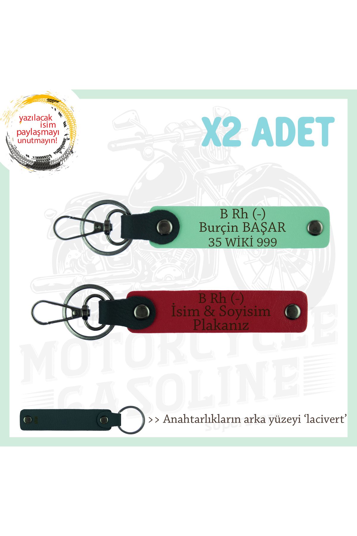 Miaju Motorcu Yolculara, İsim Plaka ve B Rh (-) Yazılı Güvenli Sürüş x2 Anahtarlık Set, Kırmızı-Yeşil-Laci