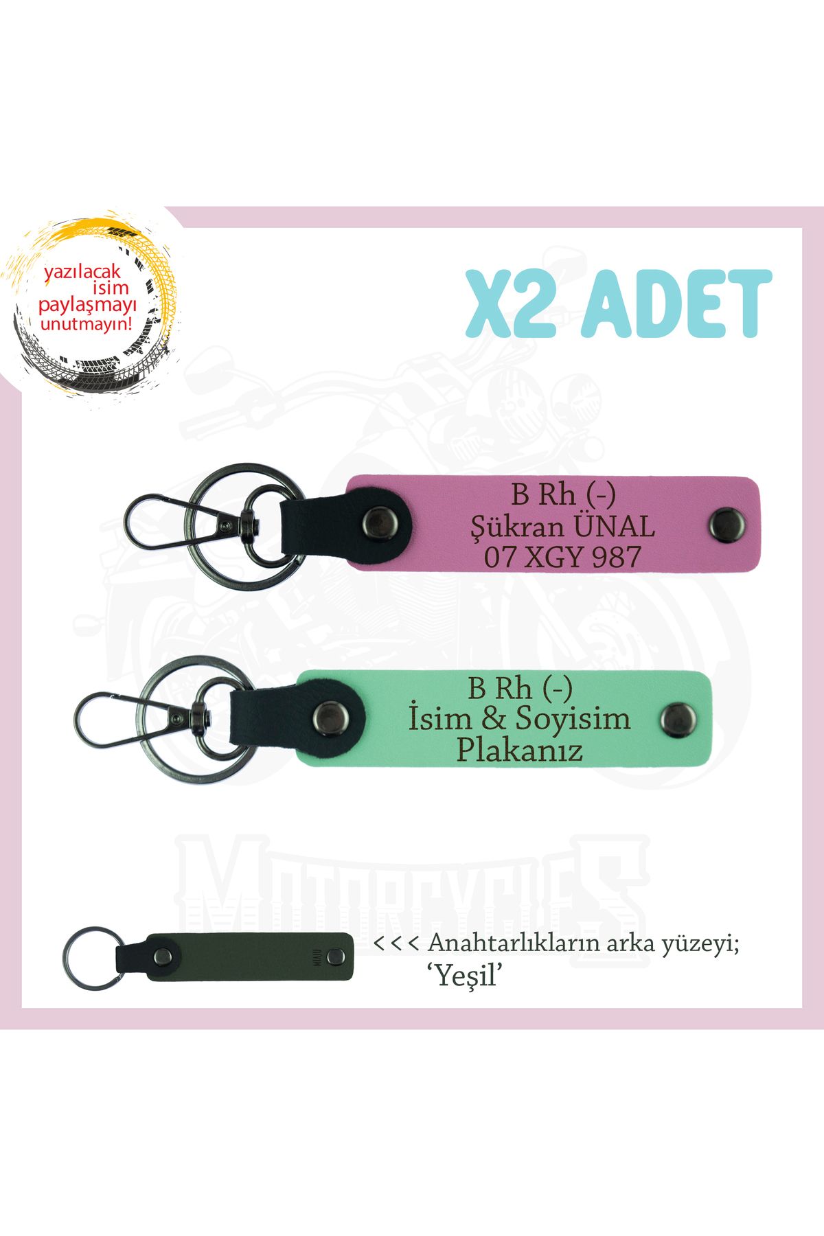 Miaju Hız Severlere, İsim Plaka ve B Rh (-) Kan Grubu Yazılı x2 Anahtarlık Set, Hediyelik, Yeşil-Pembe-Ysl