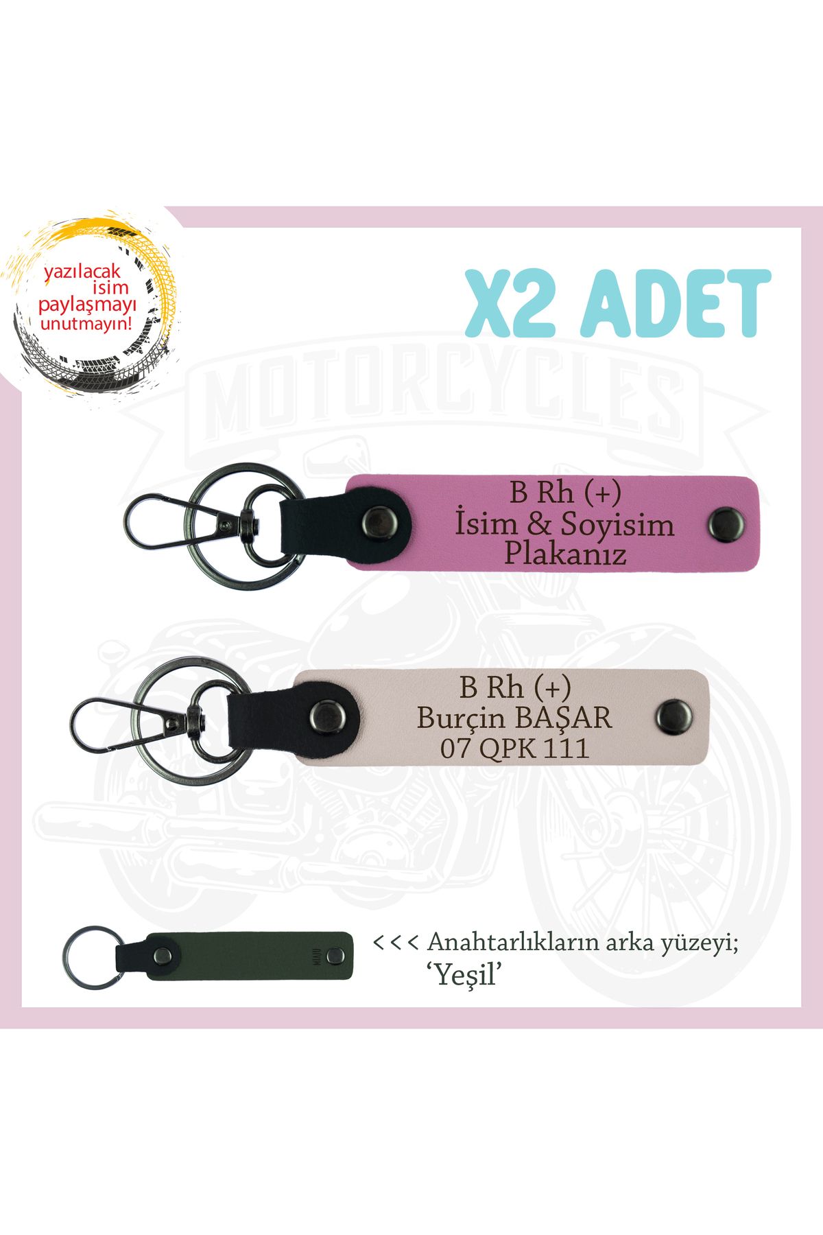 Miaju Motor Severlere, İsim Plaka ve B Rh (+) Kan Grubu, Özel Tasarım Deri x2 Anahtarlık, Pudra-Pembe-Ysl