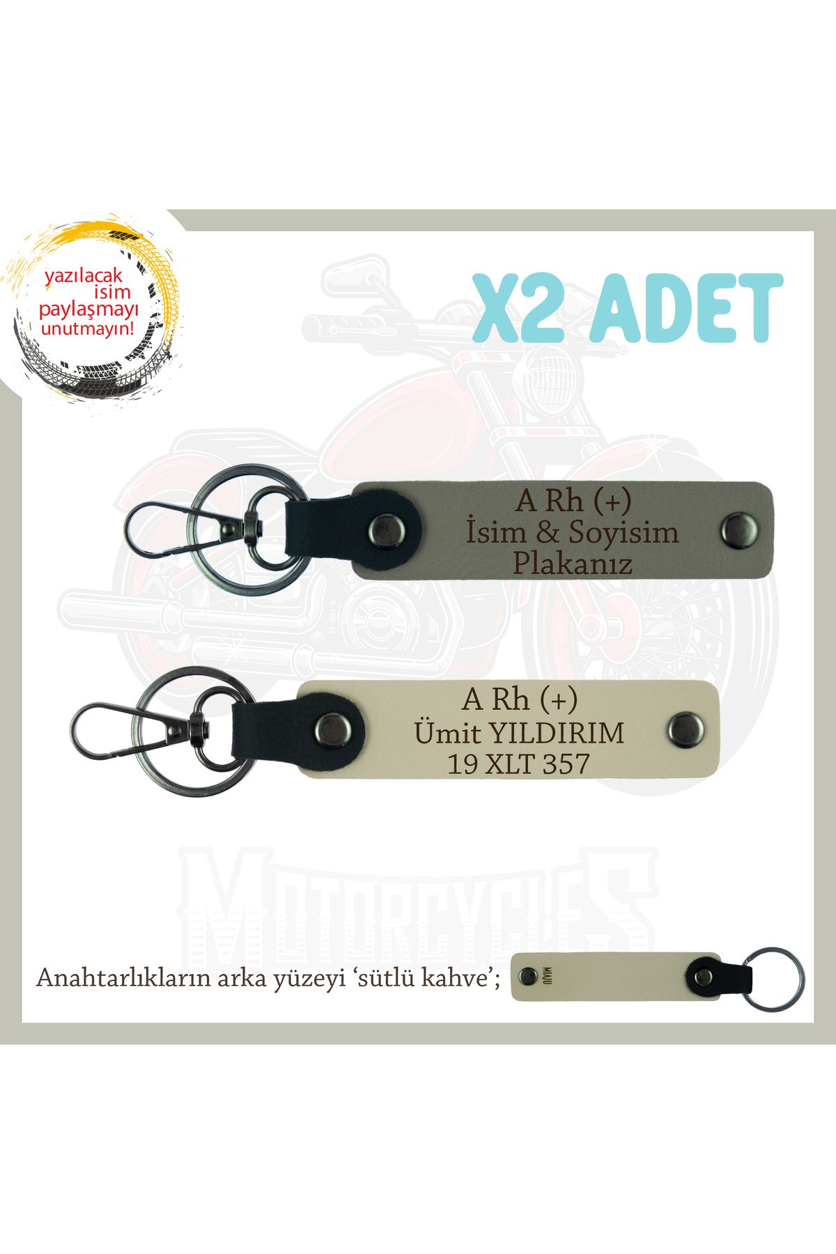 Miaju Motor Severlere Özel, İsim Plaka ve A Rh (+) Kan Grubu Yazılı x2 Anahtarlık Set, Kül Gri-S Kahve-SK