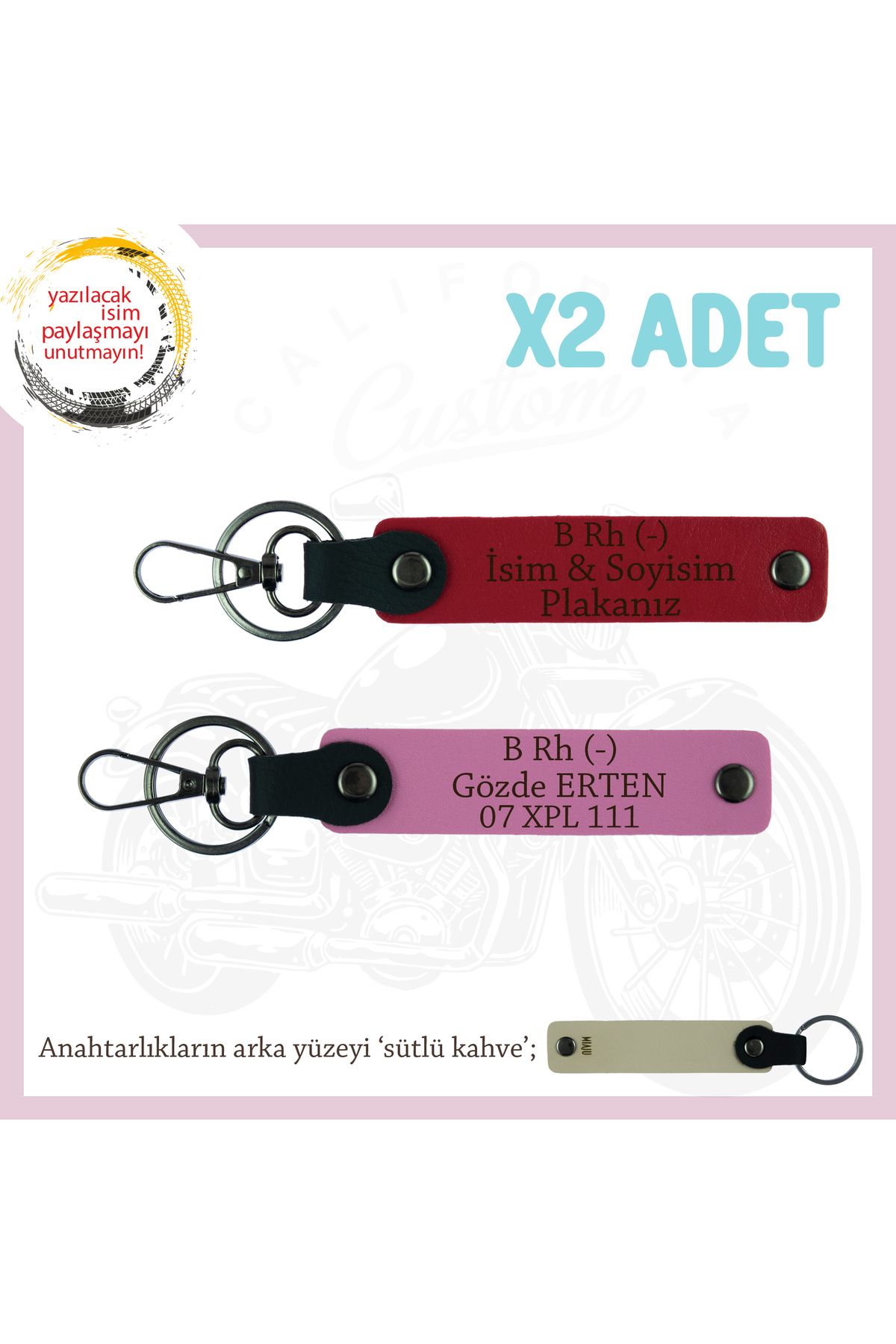 Miaju Motosiklet Aşıkları İçin İsim Plaka ve B Rh (-) Kan Grubu Yazılı x2 Anahtarlık Set, Kırmızı-Pembe-SK