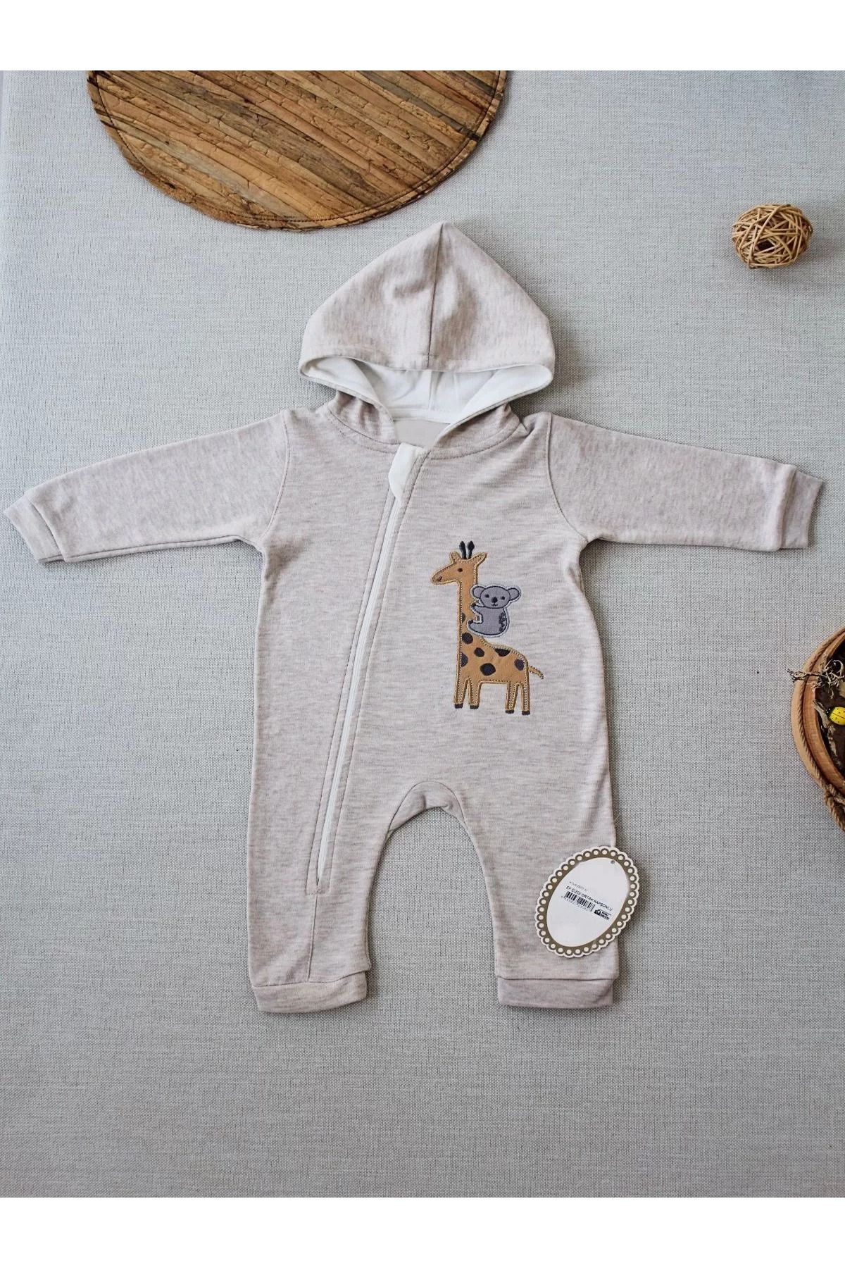 onlinebutik Ef Çizgi Boy Fermuarlı Zürafa Nakışlı Kapşonlu Kız Erkek Bebek Tulumu Kahvemelanj