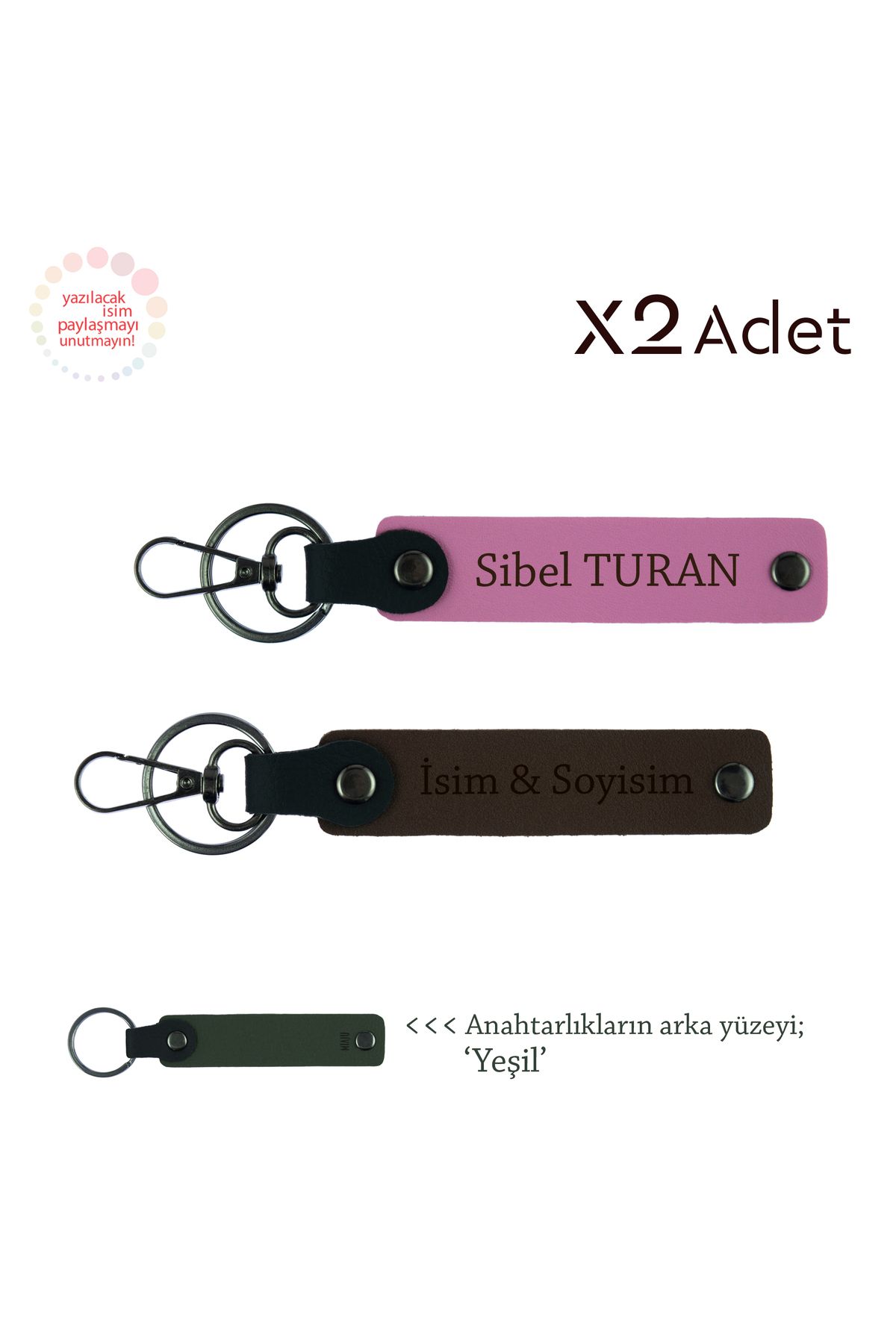 Miaju Doğum Gününe Şık Hediye, İsimli & Soyisimli 2’li Anahtarlık Takımı, Koyu Kahve-Pembe-Yeşil