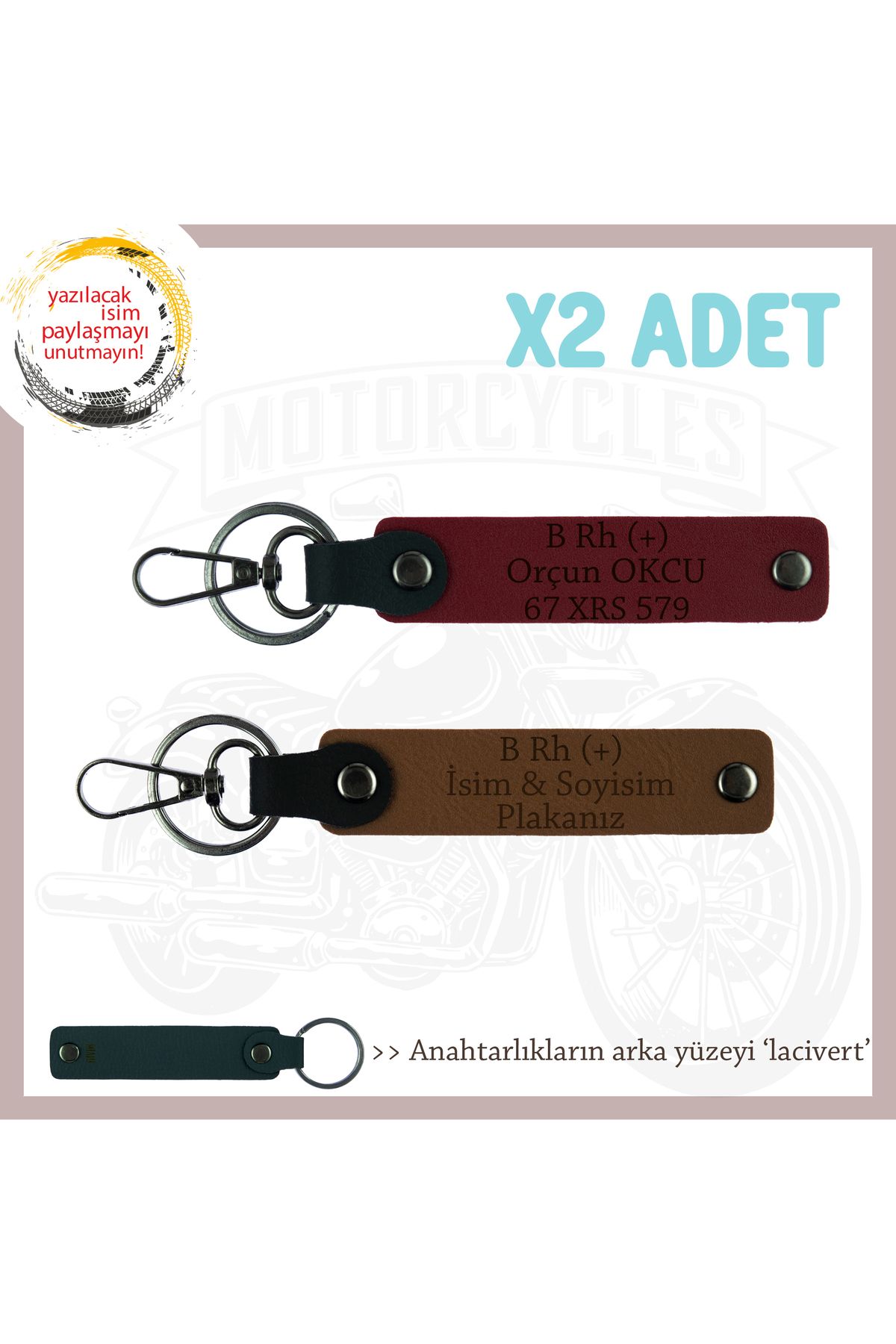 Miaju Motosiklet Tutkunlarına İsim Plaka ve B Rh (+) Kan Grubu Yazılı Deri x2 Anahtarlık, Kahve-Bordo-Laci