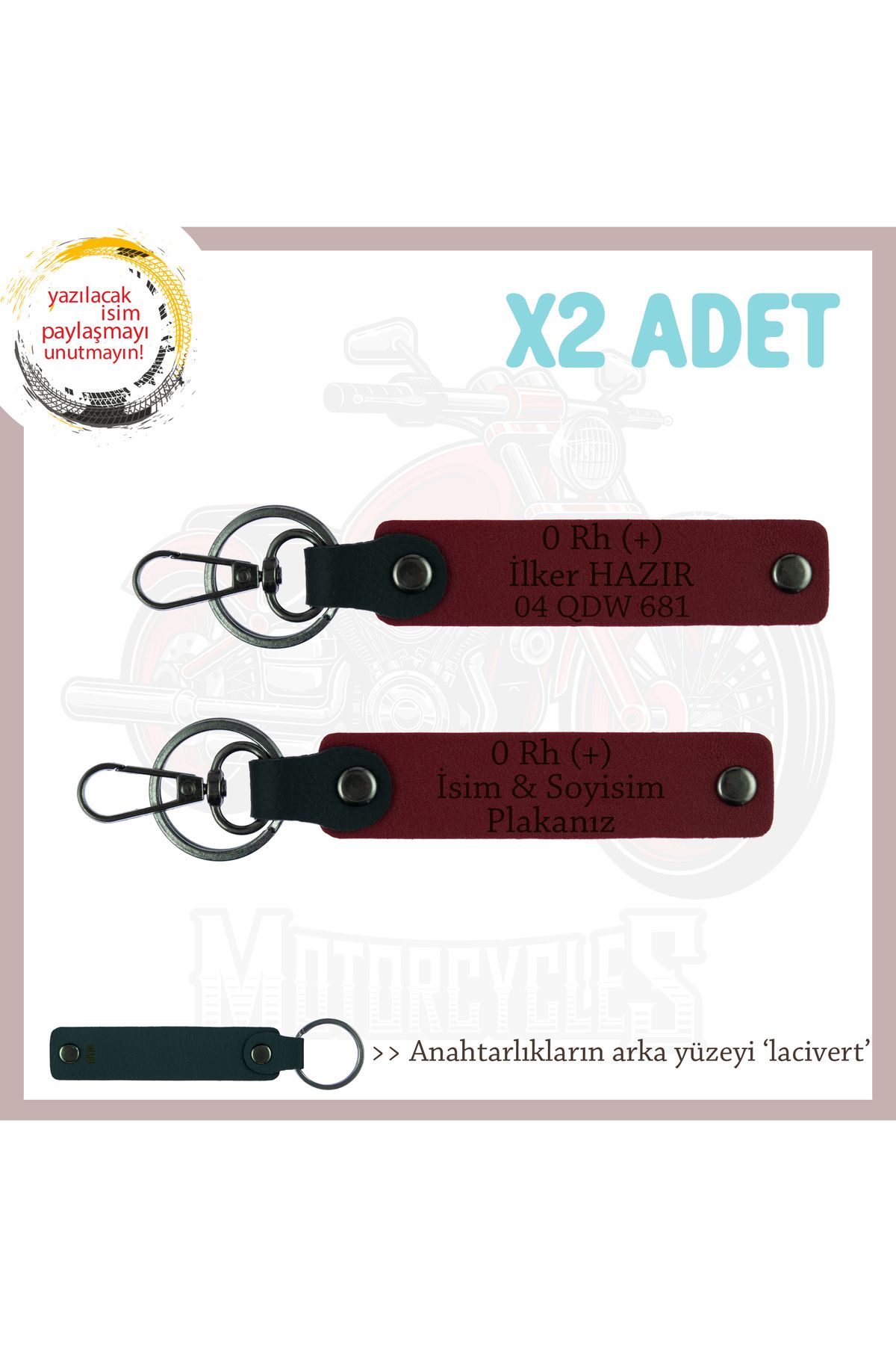 Miaju Hız Aşıklarına İsim Plaka ve 0 Rh (+) Kan Grubu Yazılı Özel Hediye x2' li Set Anahtarlık, Bordo-Laci