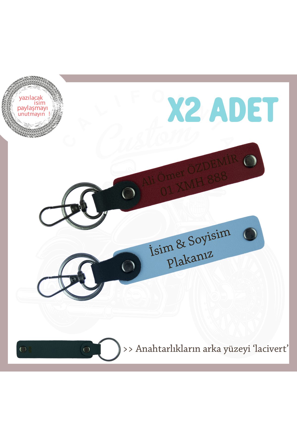 Miaju Hız Severlere İsim Ve Plaka ve Yazılı Özel Üretim x2 Anahtarlık, Sürpriz Hediye, Mavi-Bordo-Laci