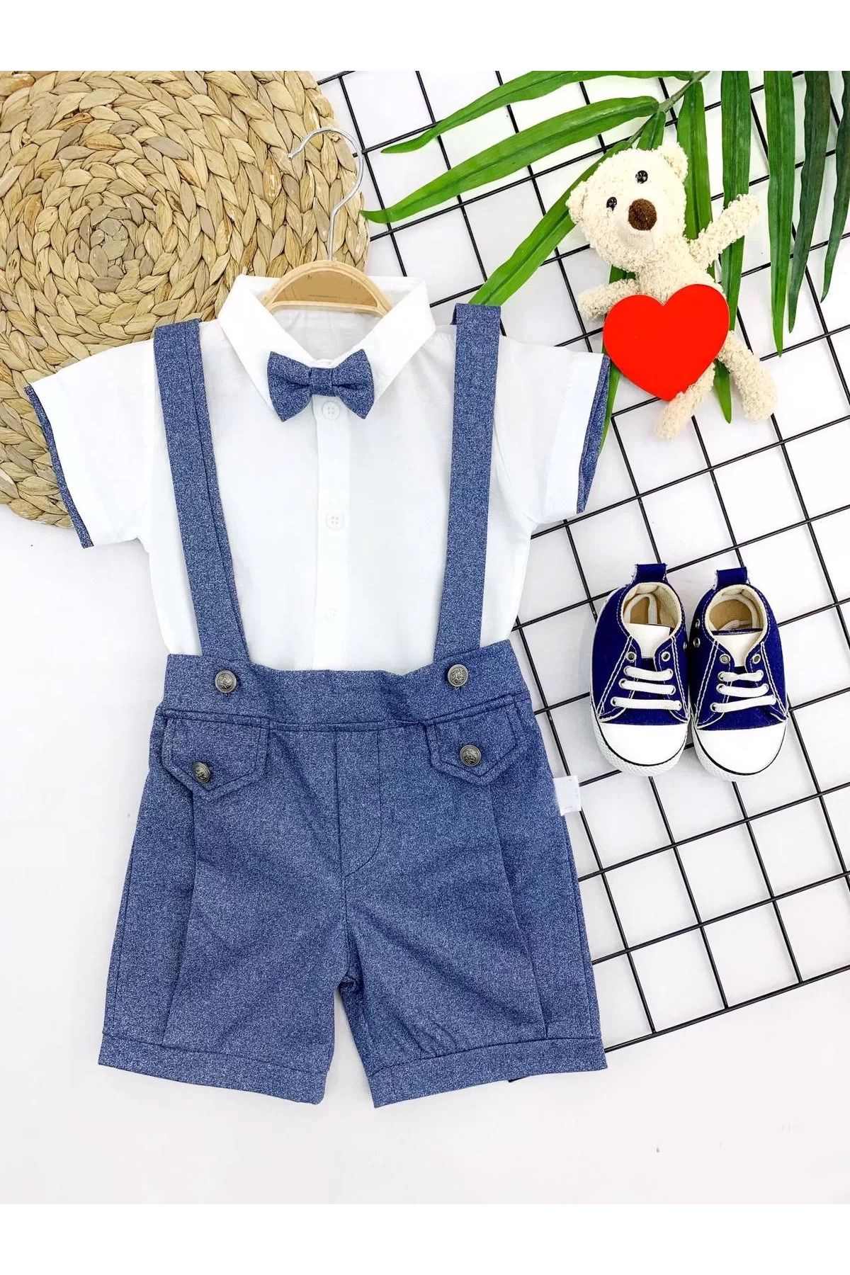 onlinebutik Papyonlu Gömlek 2li Erkek Bebek Salopet Takımı İndigo