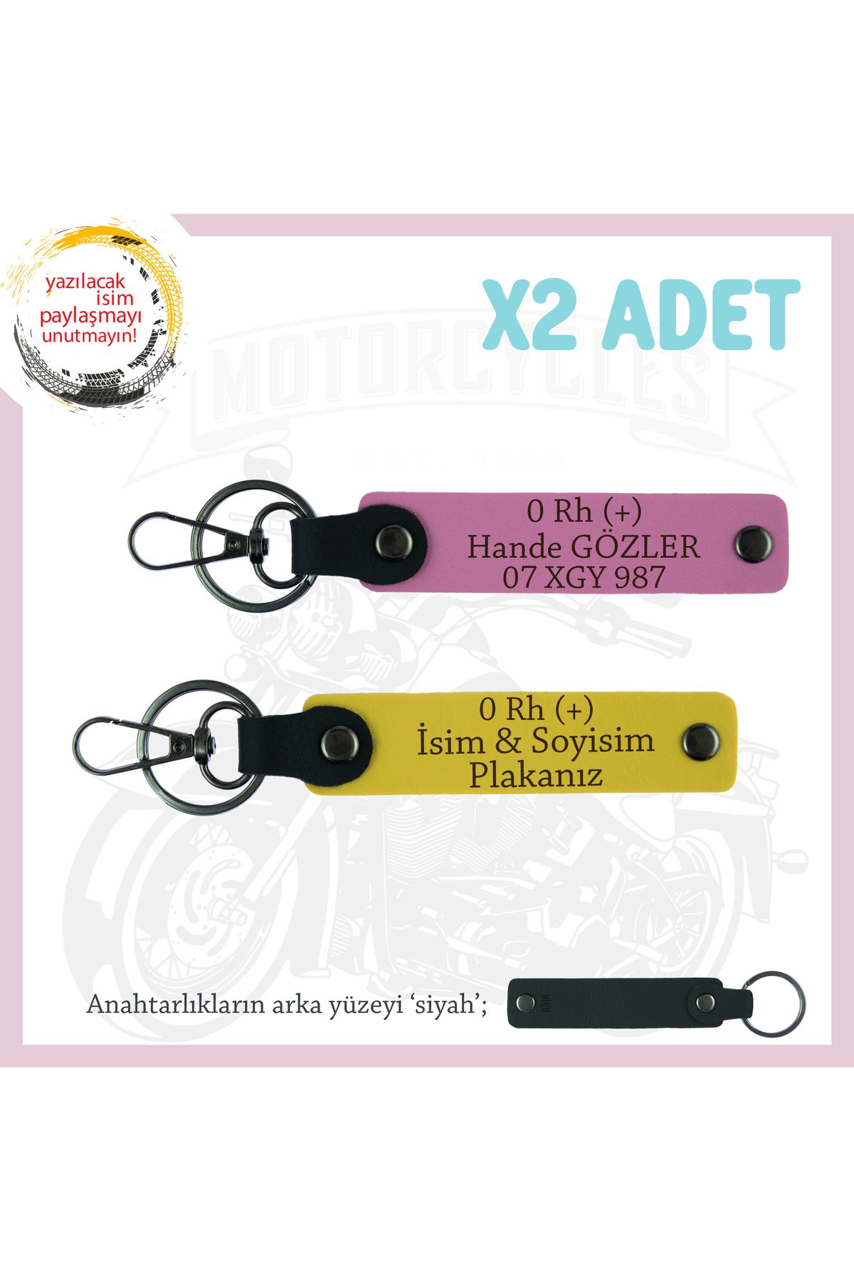 Miaju Motosiklet Severlere Özel, İsim Plaka ve 0 Rh (+) Kan Grubu Acil Durum x2 Anahtarlık, Sarı-Pembe-Syh