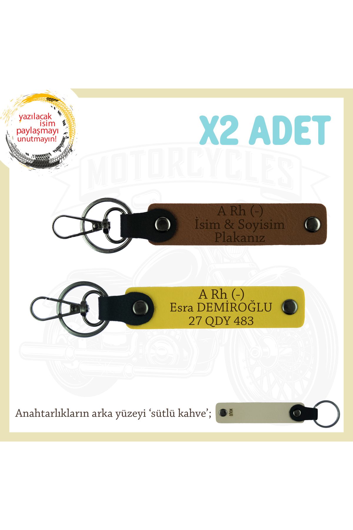 Miaju Motorsiklet Tutkunlarına, İsim Plaka ve A Rh (-) Kan Grubu Yazılı x2 Anahtarlık Set, Kahve-Sarı-SK