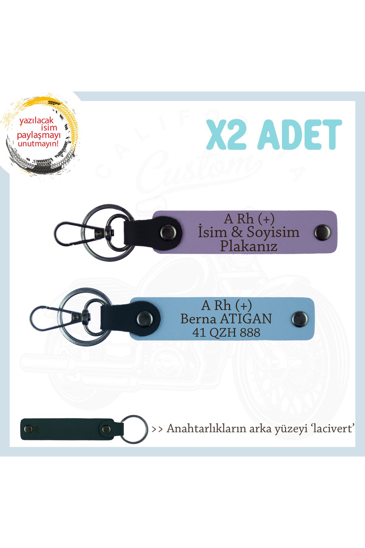 Miaju Hız Severlere Özel Süpriz, İsim Plaka ve A Rh (+) Kan Grubu Yazılı x2 Anahtarlık Set, Mor-Mavi-Laci
