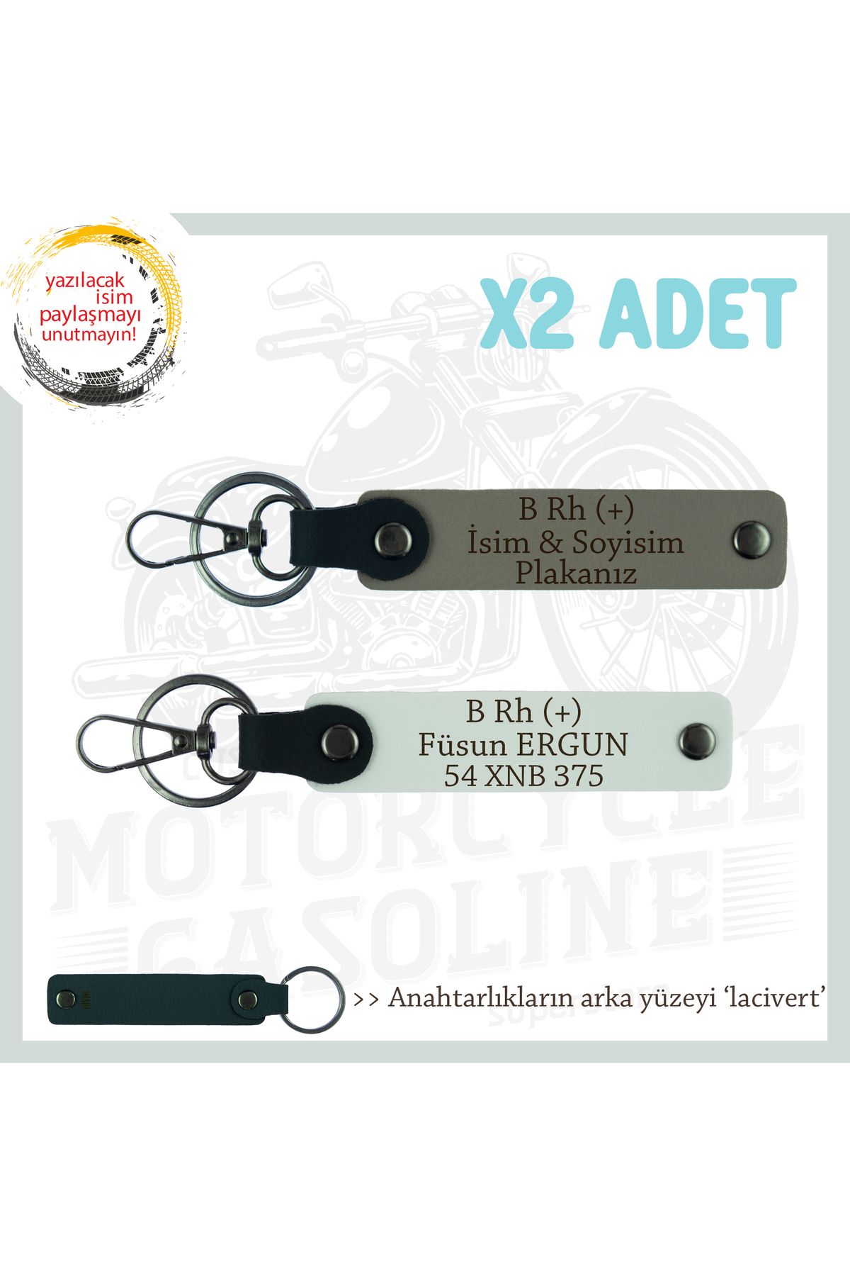 Miaju Motorcuya İsim Plaka ve B Rh (+) Kan Grubu Yazılı Anlamlı Hediye x2 Anahtarlık, Kül Gri-Beyaz-Laci