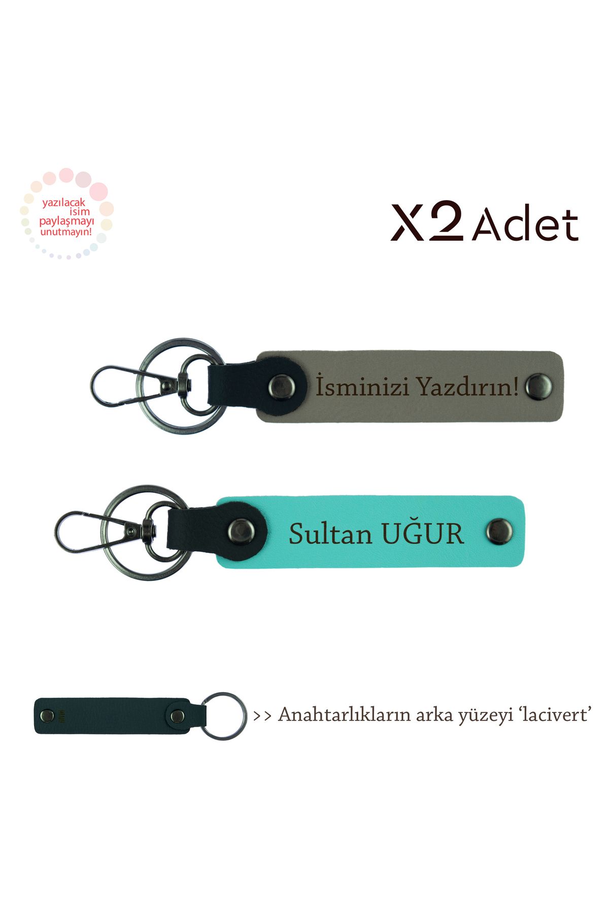 Miaju Öğretmene Özel Hatıra, İsimli 2’li Anahtarlık Takımı, Kül Gri-Turkuaz-Lacivert