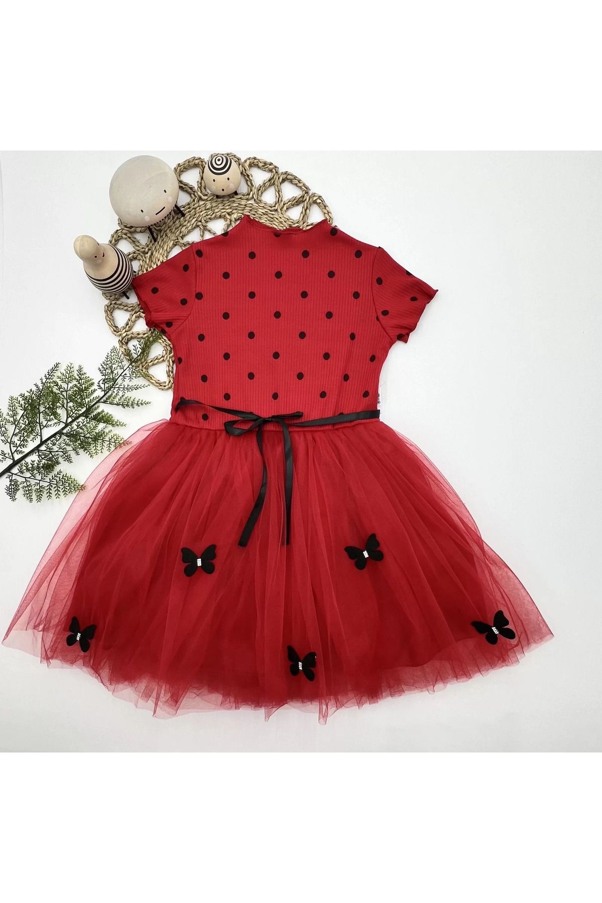 onlinebutik Puantiyeli Kelebek Etekli Astarlı Kız Çocuk Elbisesi Kırmızı