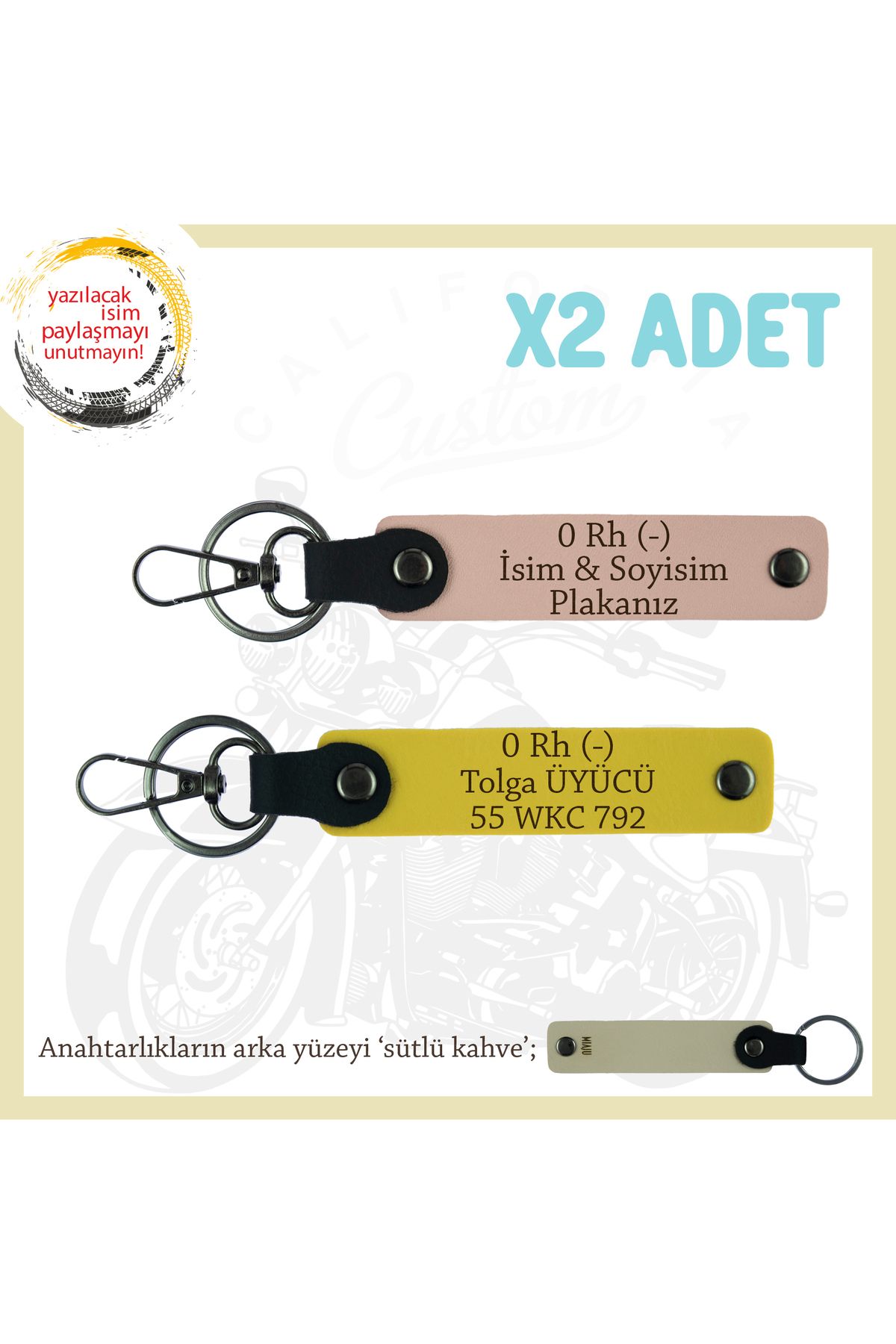 Miaju Kişiselleştirilebilir, İsim Plaka ve 0 Rh (-) Kan Grubu Yazılı x2 Anahtarlık Set, Yavruağzı-Sarı-SK