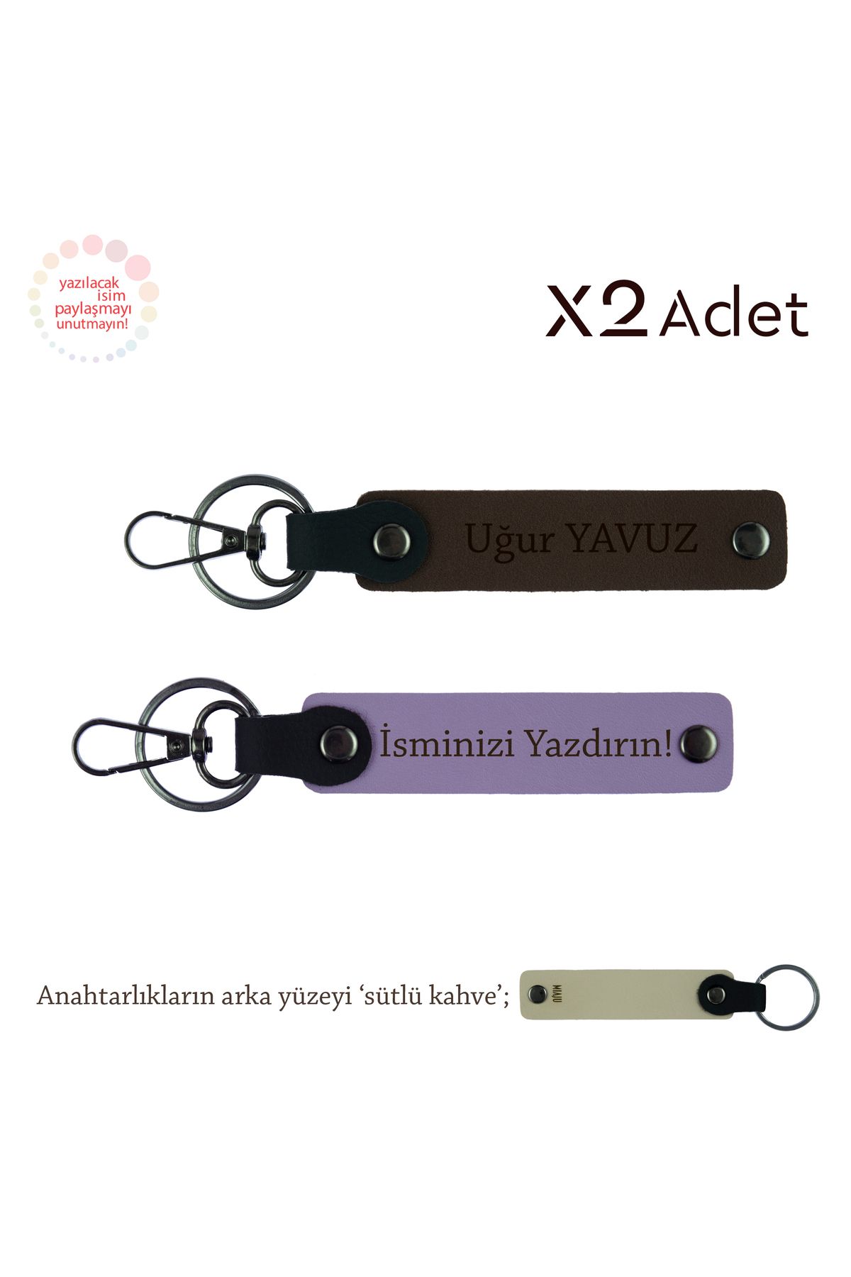 Miaju Kardeşe Doğum Günü Jest, İsimli & Soyisimli 2’li Anahtarlık Seti, Mor Menekşe-Koyu Kahve-Sütlü Kahve