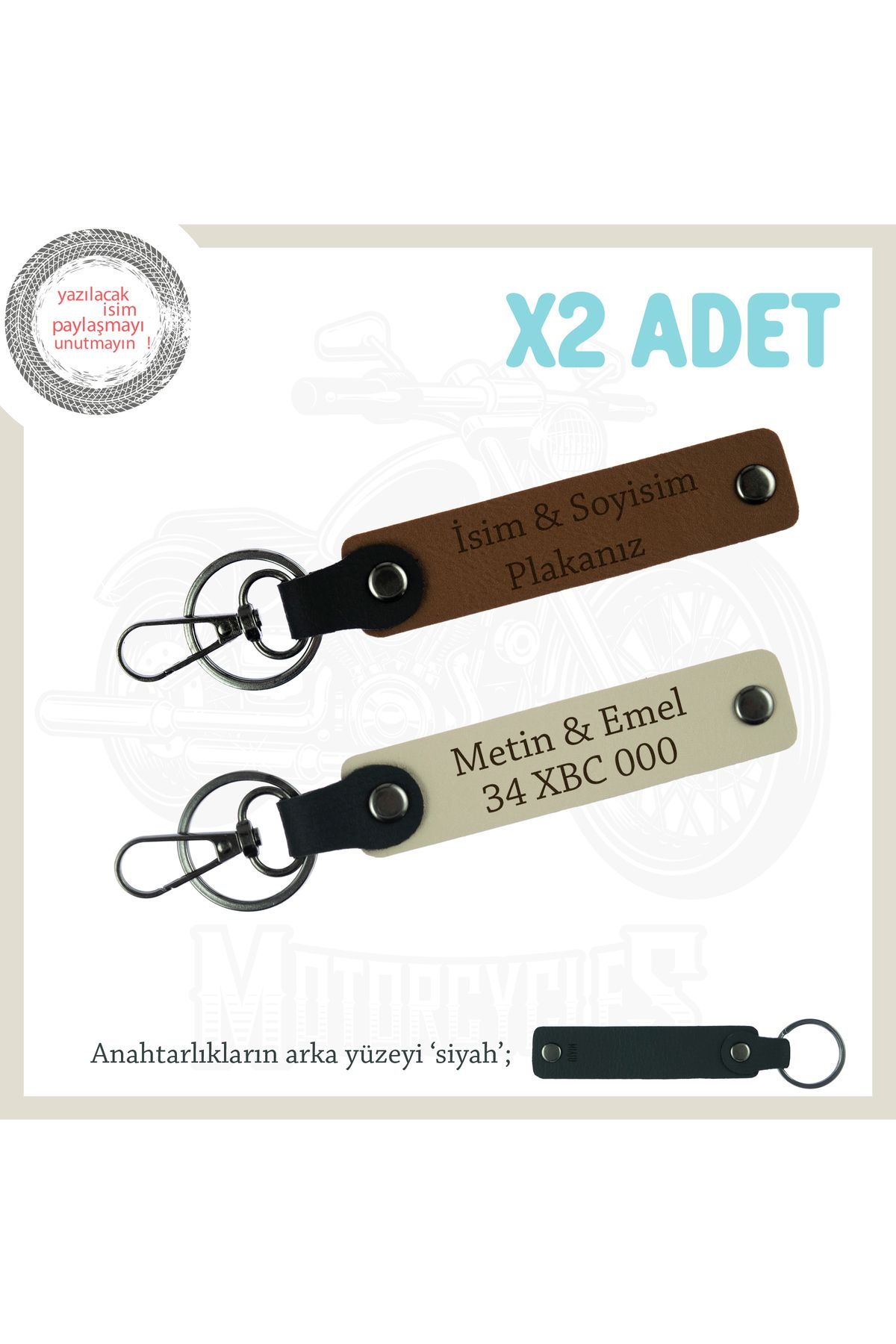 Miaju Custom Motorculara Özel Hediye, İsim Ve Plaka Yazılı x2 Anahtarlık Set, Kahve-S Kahve-Syh