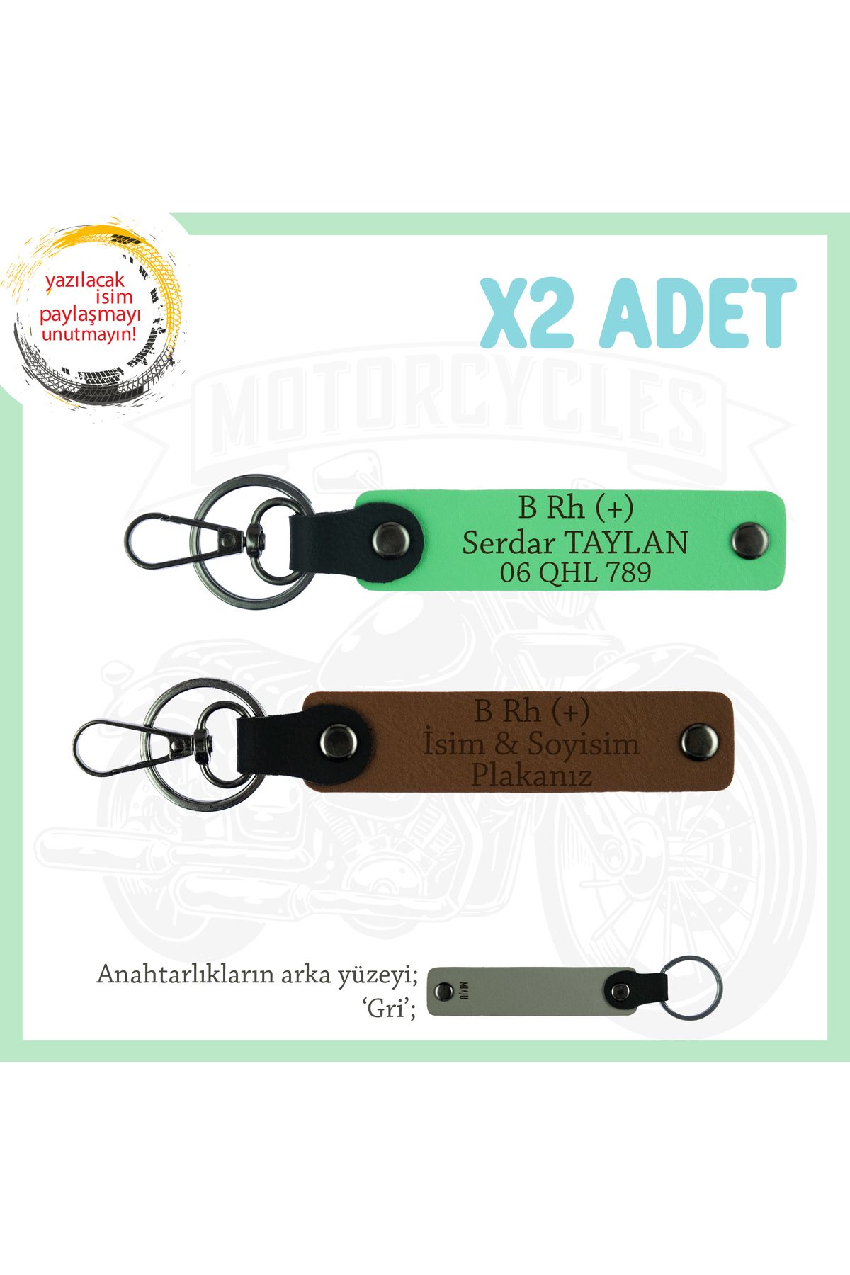 Miaju Bikerlar İçin İsim Plaka B Rh (+) Kan Grubu Yazılı Özel Tasarım x2 Anahtarlık Set, Kahve-F Yeşil-Gr