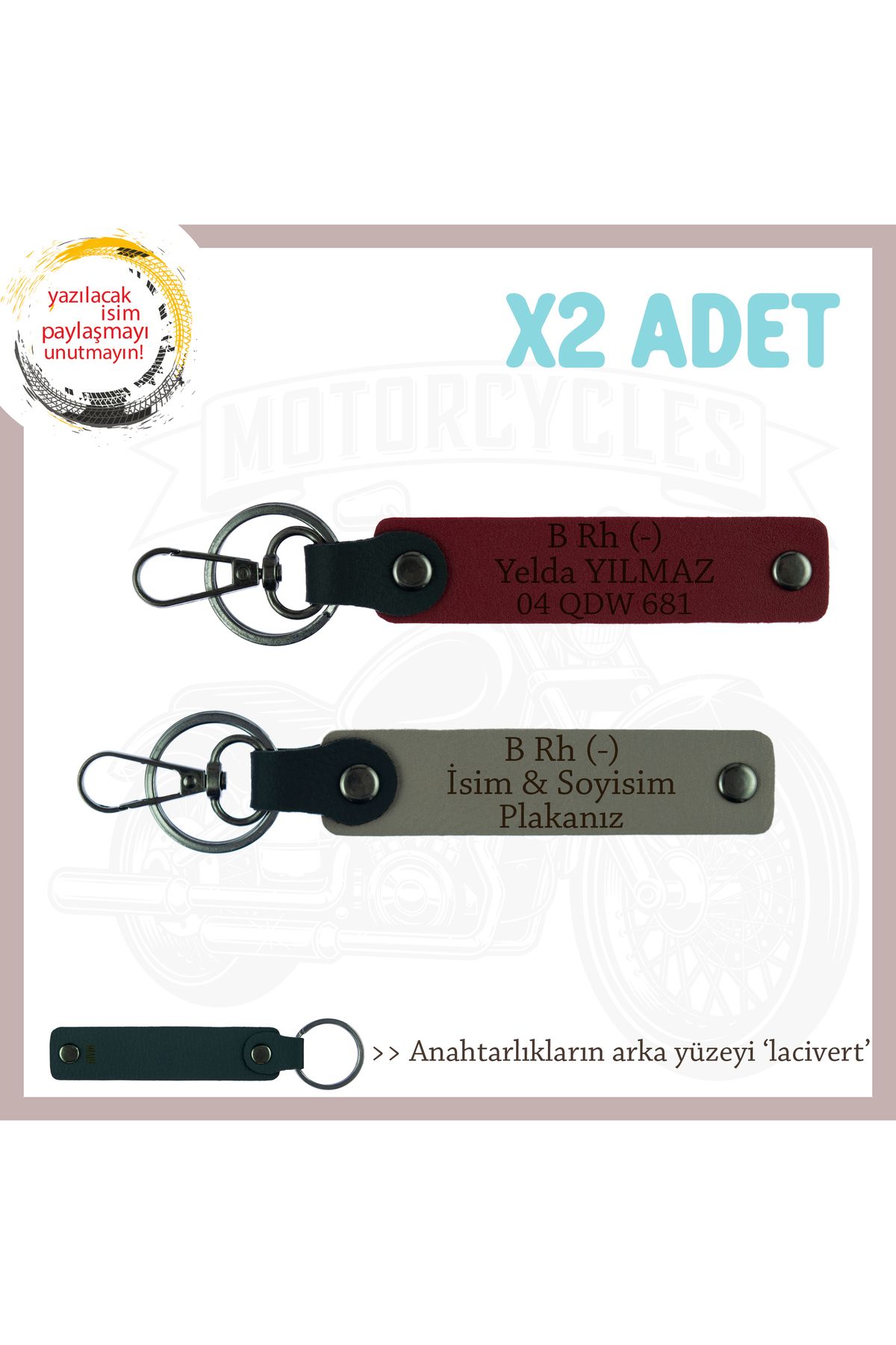 Miaju Hız Tutkunlarına, İsim Plaka ve B Rh (-) Kan Grubu x2 Anahtarlık Seti Armağanı, Kül Gri-Bordo-Laci