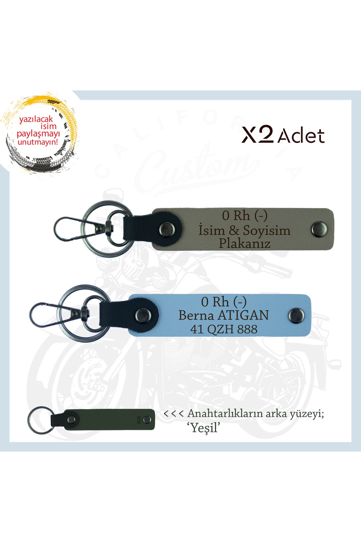 Miaju Motosiklet Aşıkları İçin İsim Plaka ve 0 Rh (-) Kan Grubu Yazılı x2 Anahtarlık Set, Kül Gri-Mavi-Ysl