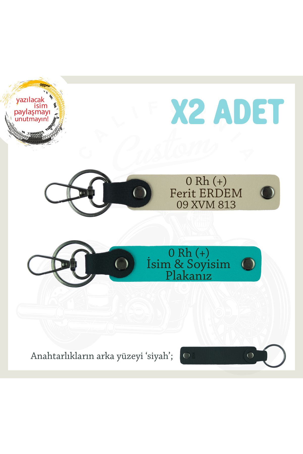 Miaju Motor Sürücüsüne, İsim Plaka ve 0 Rh (+) Kan Grubu Yazılı x2 Anahtarlık Set, K Turkuaz-S Kahve-Syh