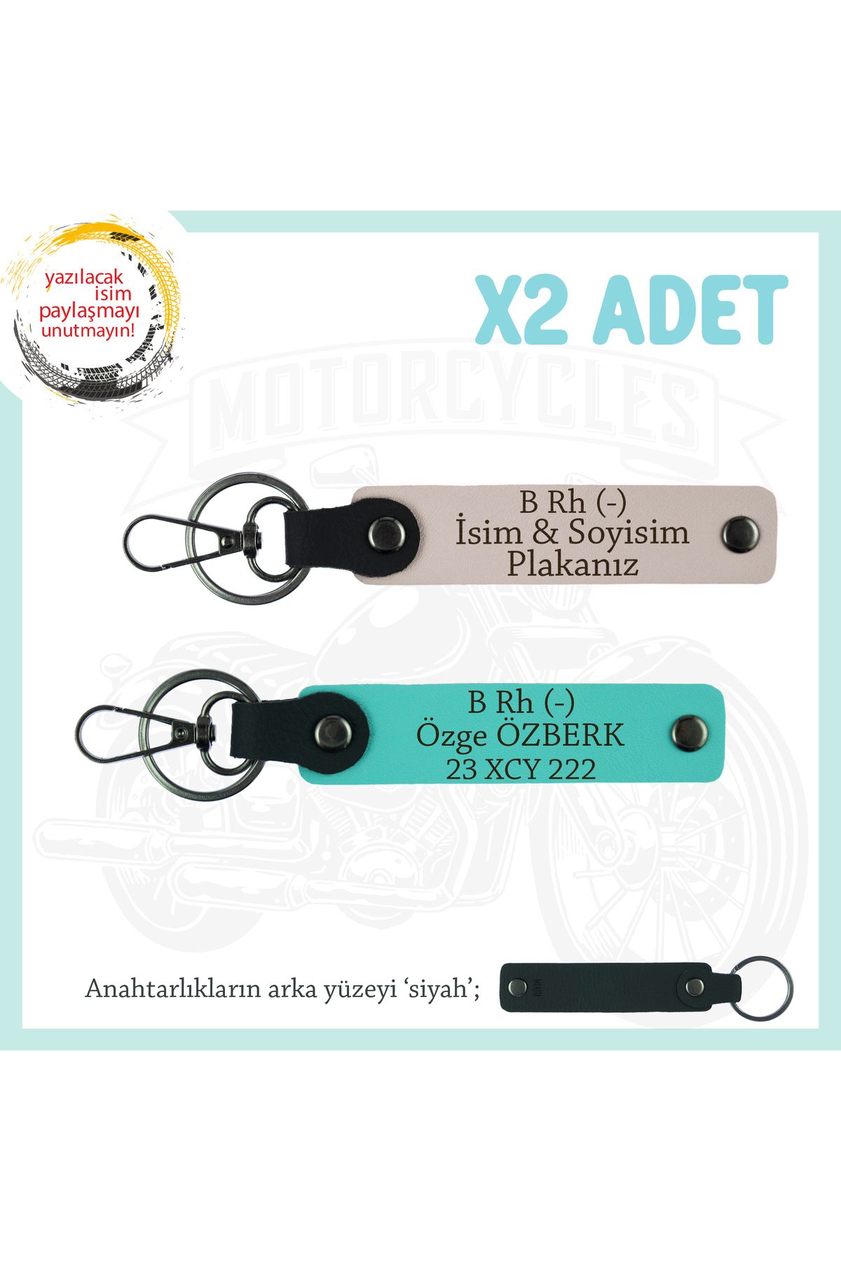 Miaju Motorcu Yolculara Özel İsim Plaka ve B Rh (-) Kan Grubu Yazılı Deri x2 Anahtarlık, Pudra-Turkuaz-Syh