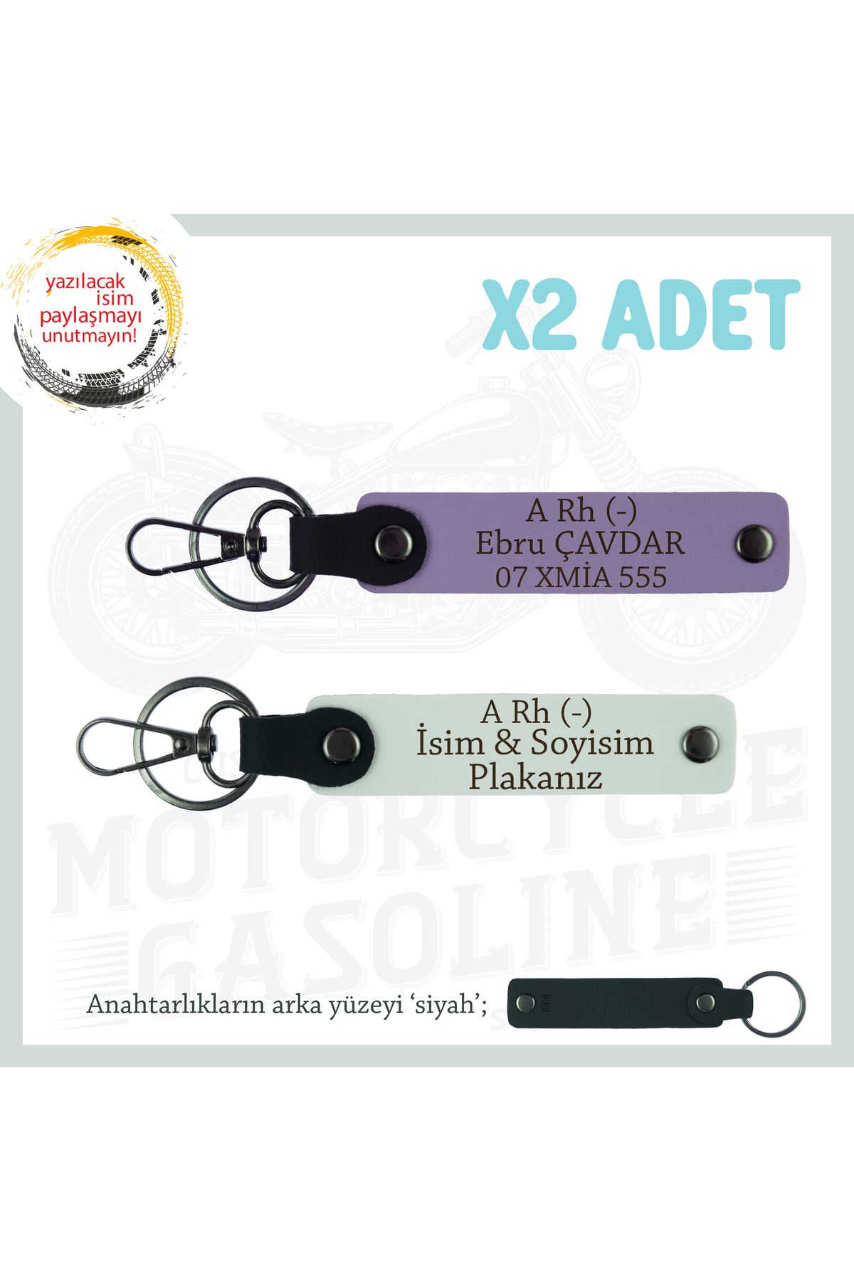 Miaju Motorcu Babalara Hediye İsim Plaka ve A Rh (-) Kan Grubu Yazılı x2 Anahtarlık Takım, Mor-Beyaz-Syh