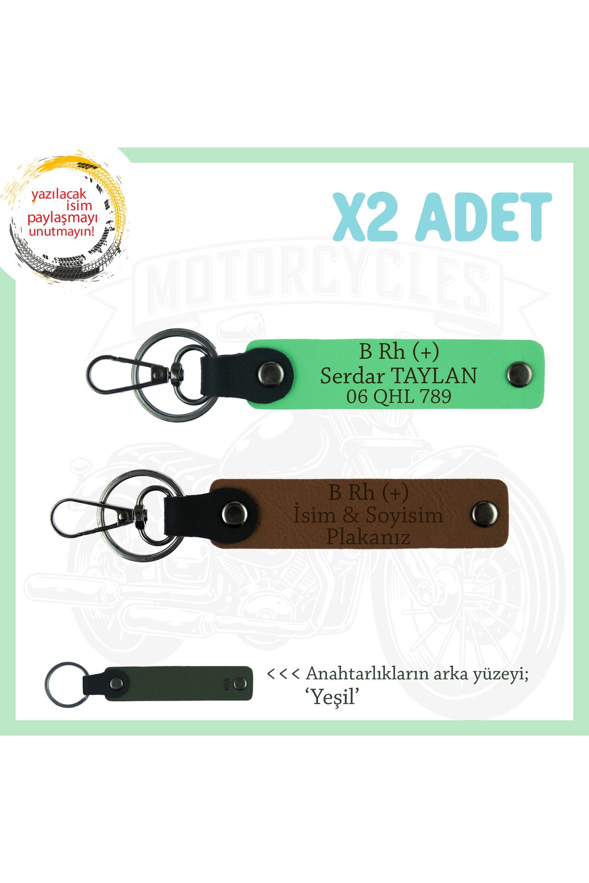 miawiki-Custom Design X2 Keychain Set, Coffee-F Green-Ysl, for Bikers, Name Plate and B Rh (+) Blood Group 1