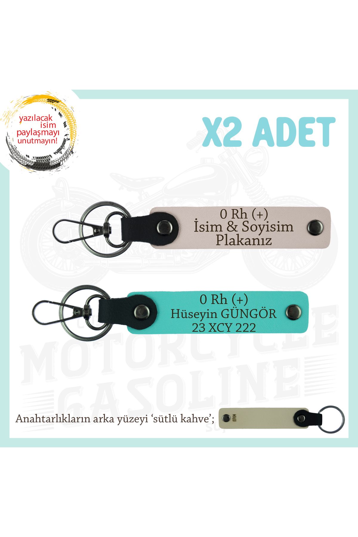 Miaju Motorcu Yolculara Özel, İsim Plaka ve 0 Rh (+) Kan Grubu Yazılı Deri x2 Anahtarlık, Pudra-Turkuaz-SK