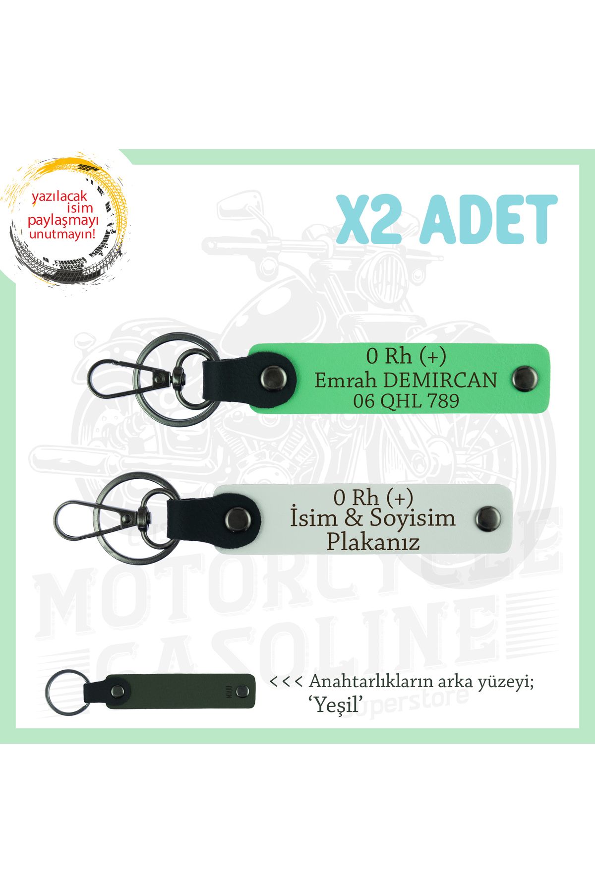 Miaju Motorcu Arkadaşlara, İsim Plaka ve 0 Rh+ Kan Grubu Yazılı Acil Durum Anahtarlığı, Beyaz-F Yeşil-Ysl