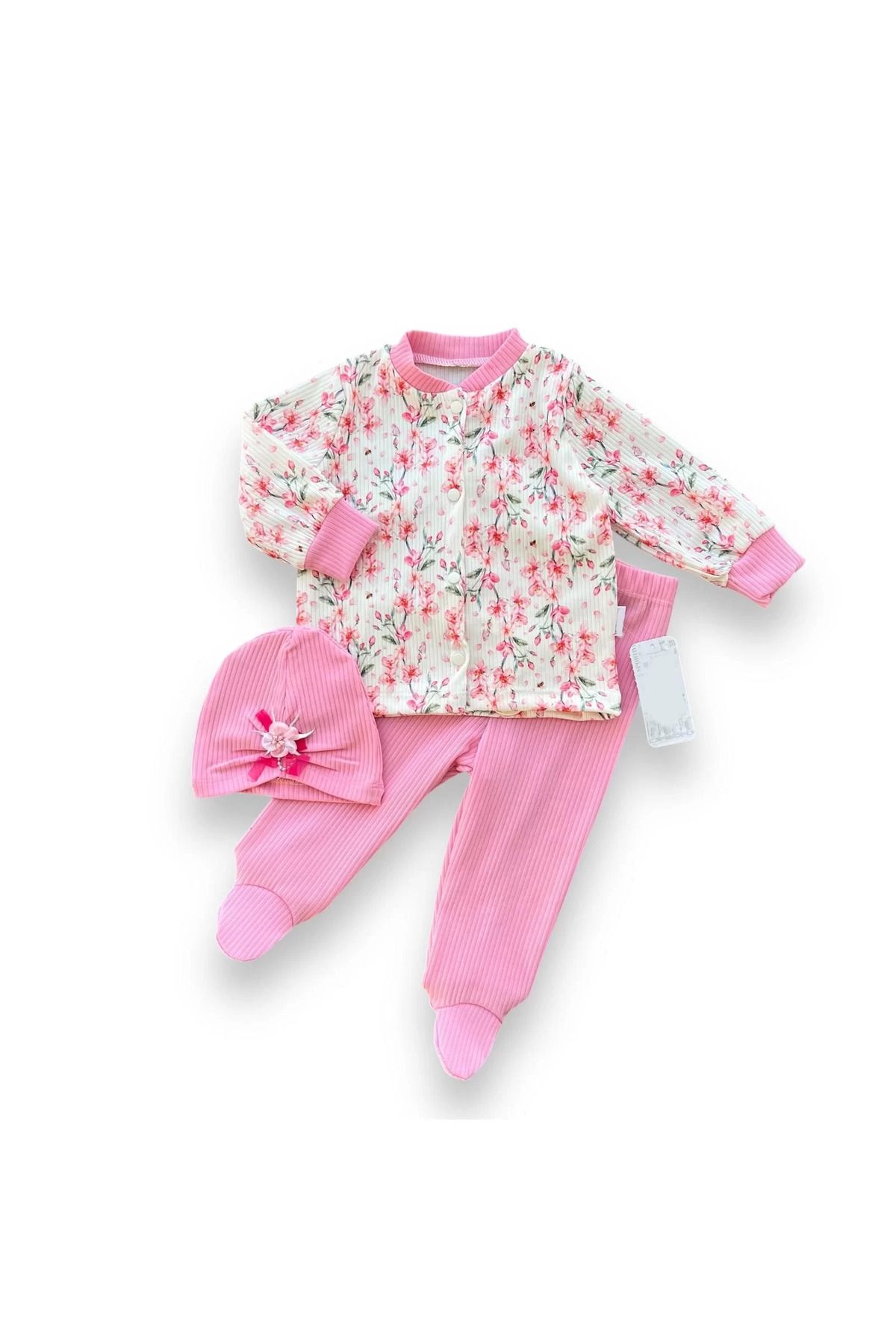 onlinebutik 3-6-9-12 Ay Çiçek Baskılı Şapkalı Çıtçıt Kapamalı Patikli 3lü Kız Bebek Takımı
