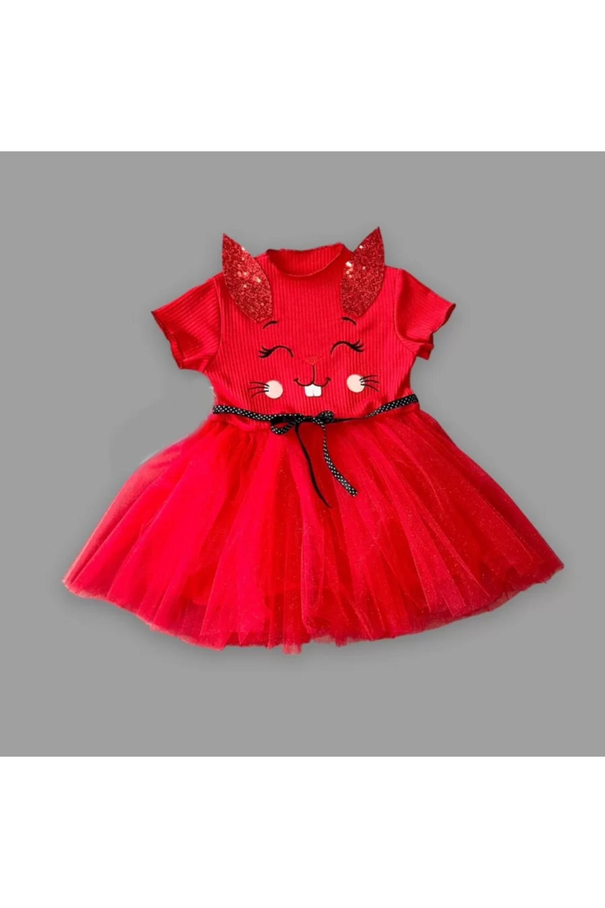 onlinebutik Petli Kulak Tavşan Baskılı Kız Bebek Elbisesi Kırmızı