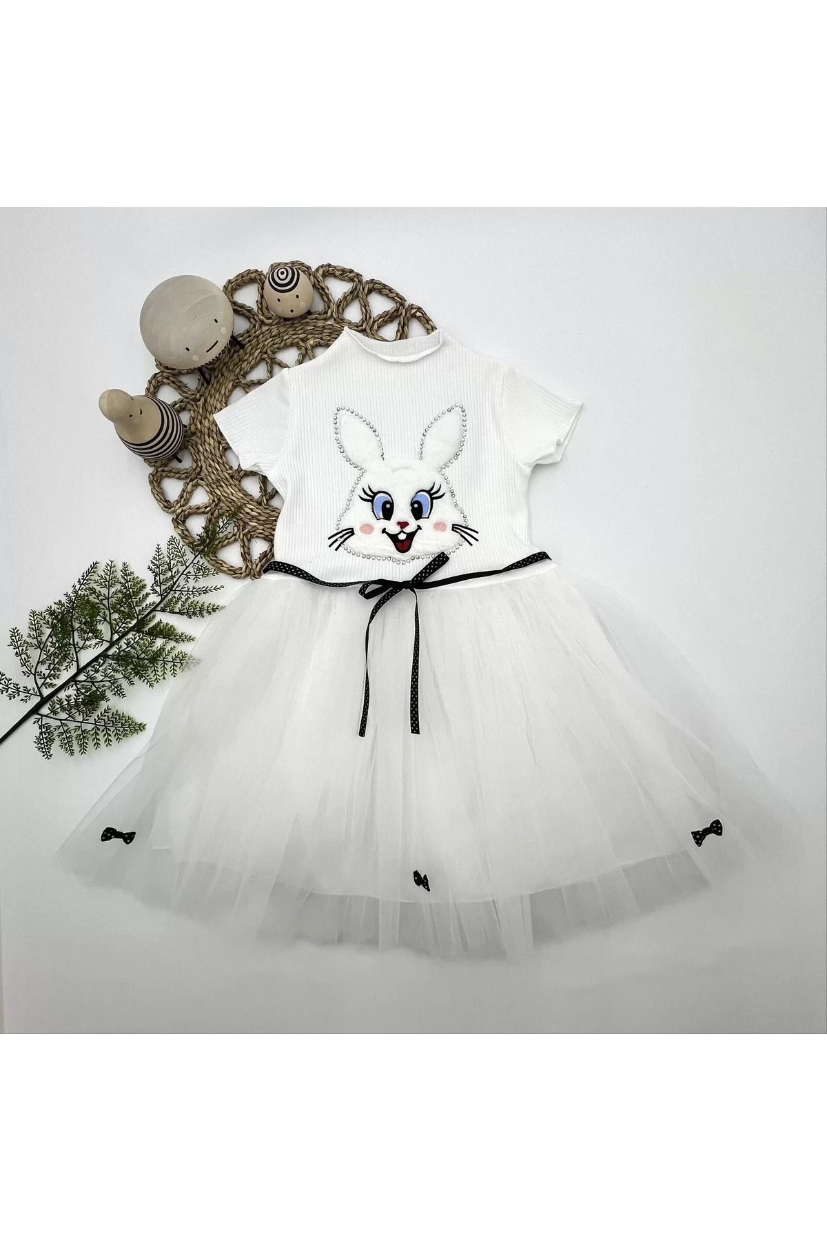 onlinebutik Petli Tavşan Baskılı Kız Çocuk Elbisesi Beyaz