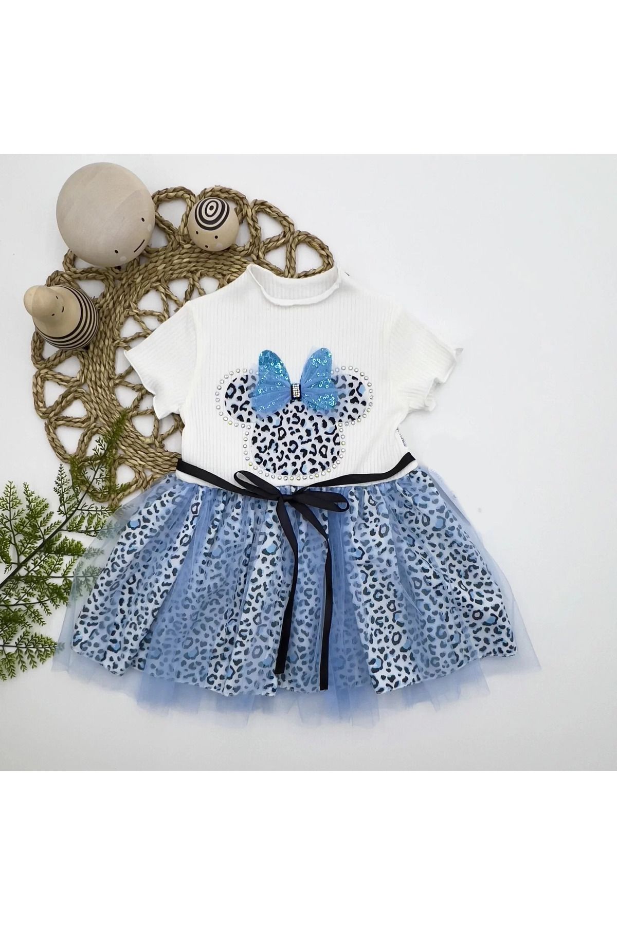 onlinebutik Fiyonklu Mickey Astarlı Etekli Kız Bebek Tütü Elbisesi Turkuaz-ekru