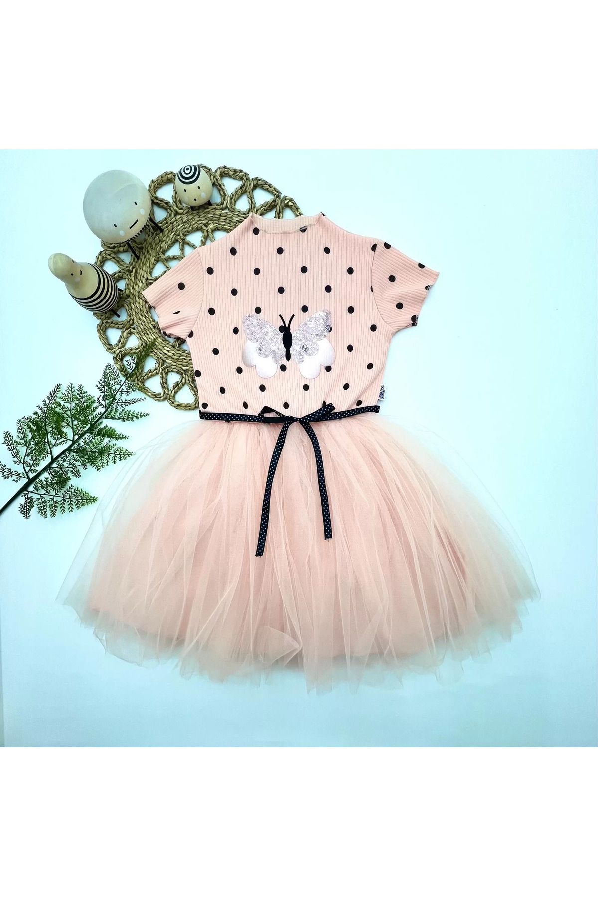 onlinebutik Payetli Kelebek Desenli Puantiyeli Kız Çocuk Elbisesi