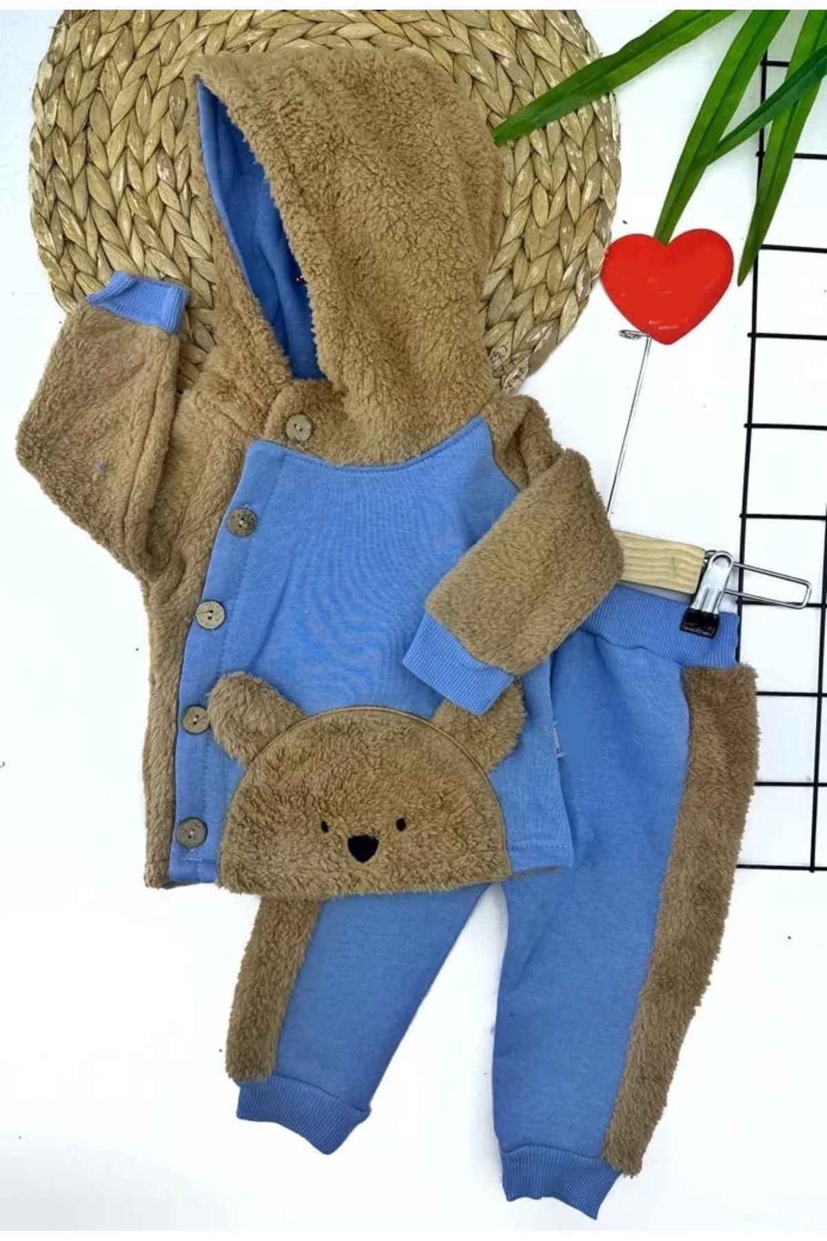 onlinebutik 6-12-18-24 Ay Düğme Kapamalı Kapşonlu Ceket Welsoft Detaylı 2li Erkek Bebek Takımı