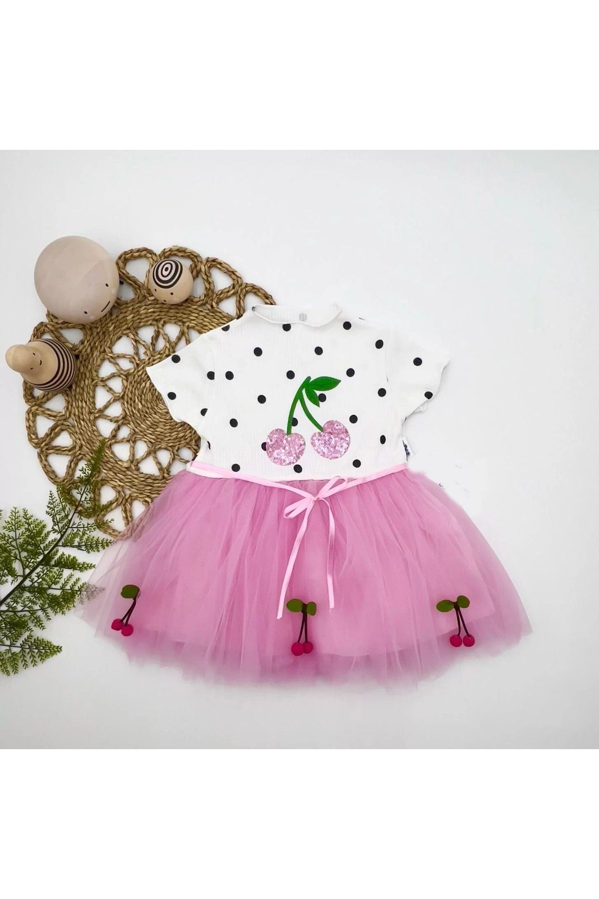 onlinebutik Petli Kiraz Nakışlı Kiraz Etekli Kız Bebek Tütü Elbisesi Pembe