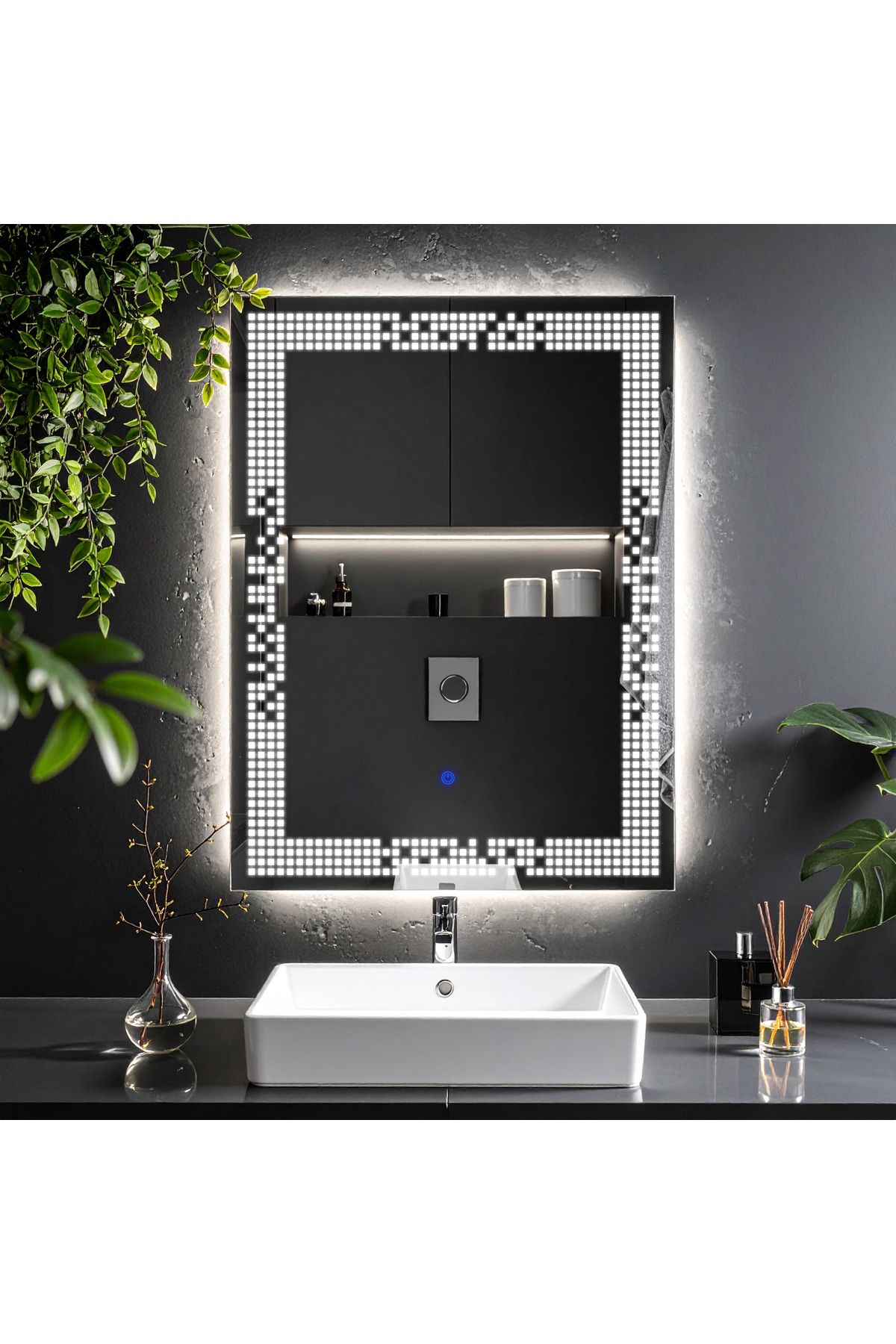 lumora mirror design Solrae Beyaz Led'li Lazer Kumlamalı Lavabo & Banyo Aynası (Dokunmatik Sensörlü)