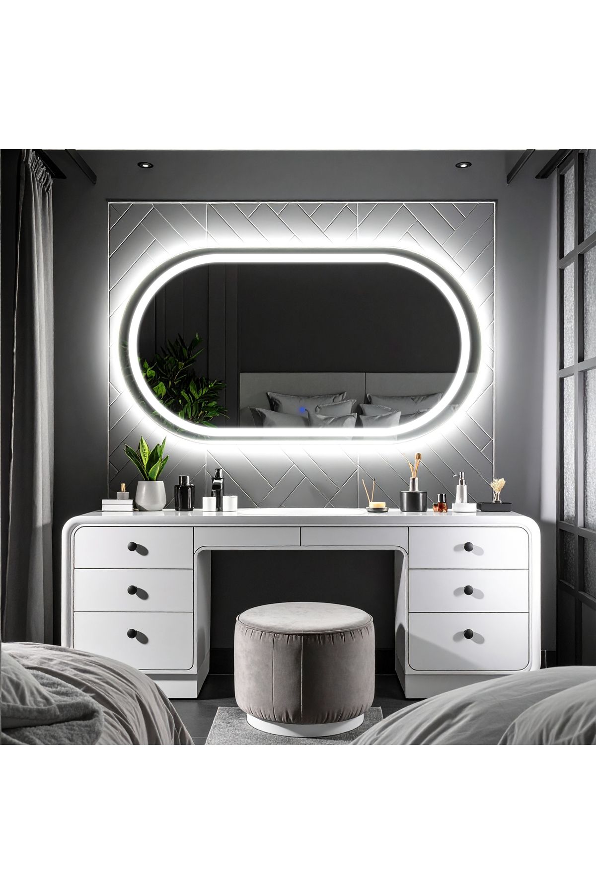 lumora mirror design Ovanta Beyaz Led'li Lazer Kumlamalı Lavabo & Banyo Aynası (Dokunmatik Sensörlü)