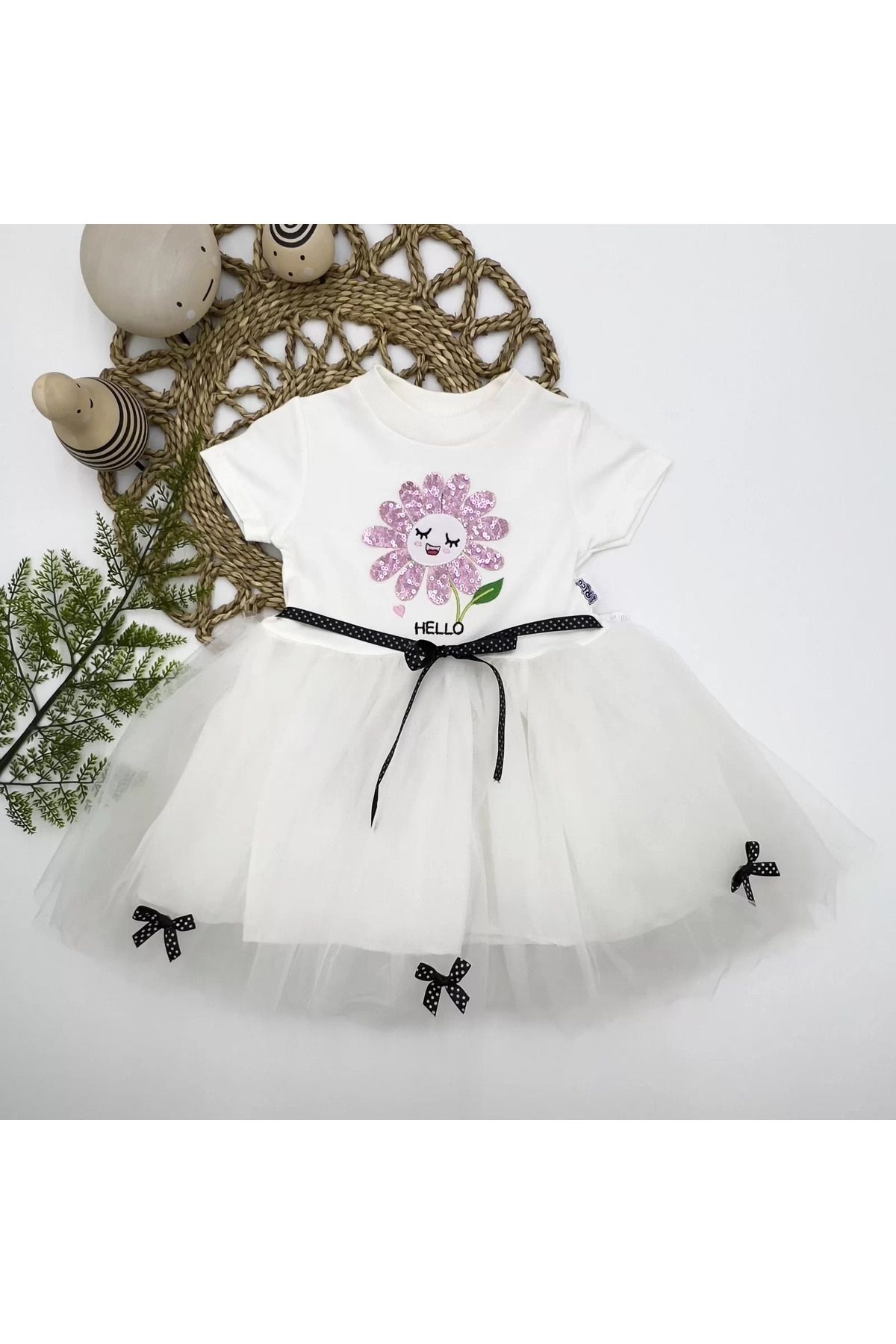 onlinebutik Pet Yapraklı Çiçek Nakışlı Astarlı Kız Bebek Tütü Elbisesi Beyaz