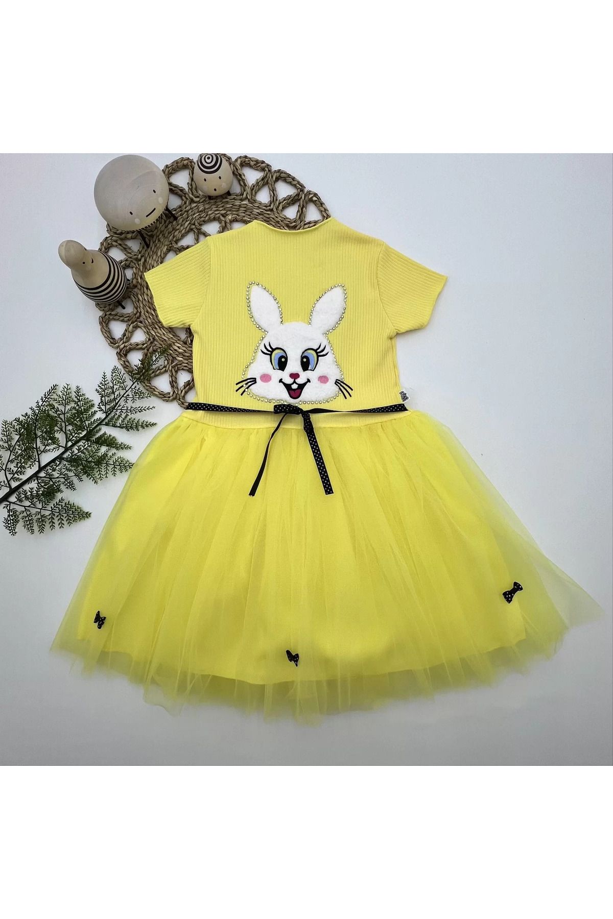 onlinebutik Petli Tavşan Baskılı Kız Çocuk Elbisesi Sarı