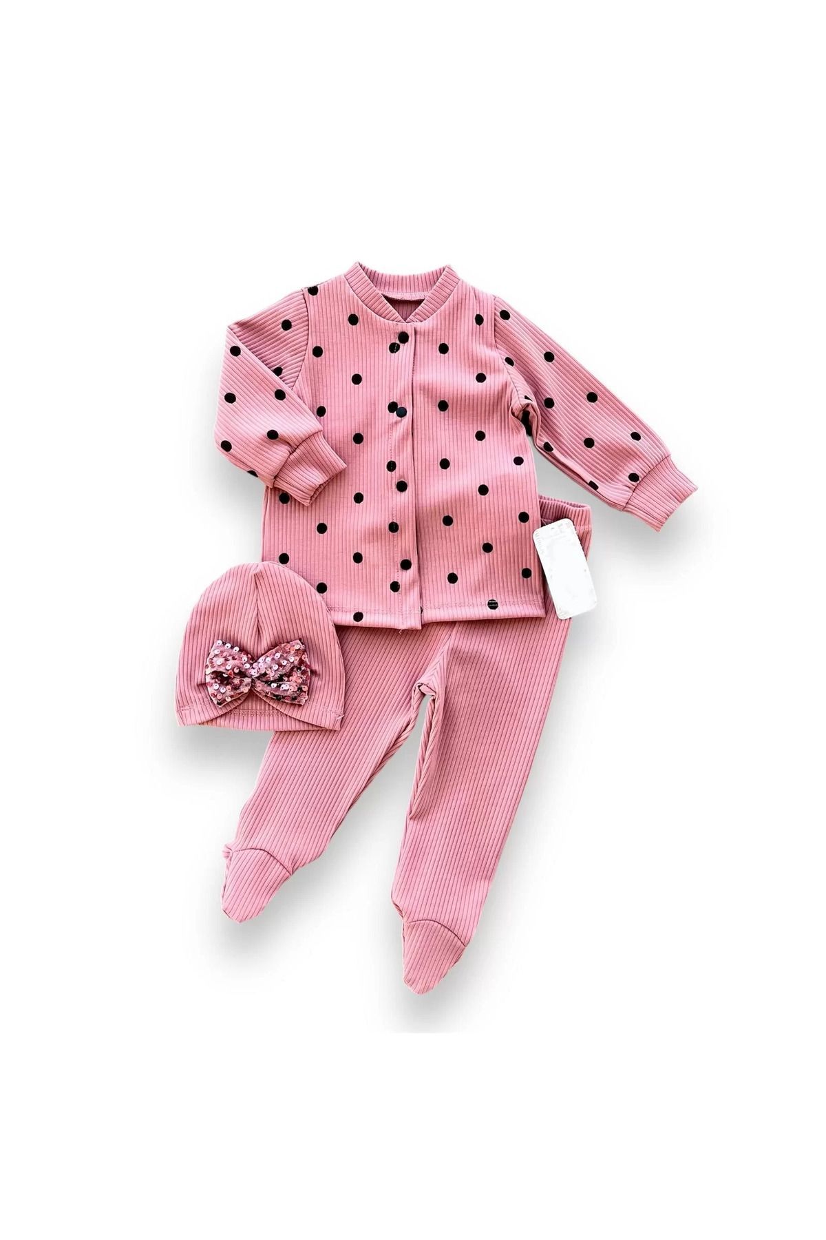 onlinebutik 3-6-9-12 Ay Puantiyeli Şapkalı Çıtçıt Kapamalı Patikli 3lü Kız Bebek Takımı