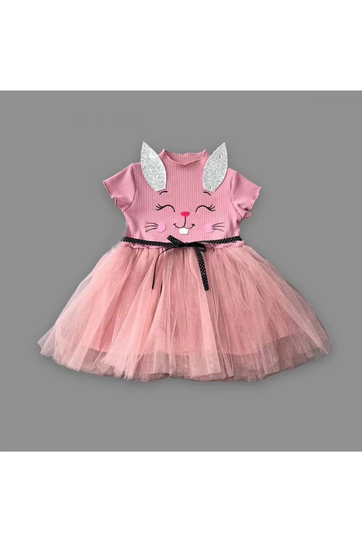 onlinebutik Petli Kulak Tavşan Baskılı Kız Bebek Elbisesi Gül Kurusu