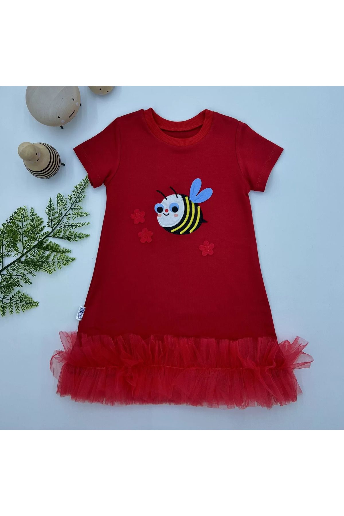 onlinebutik Arayıcık Nakışlı Eteği Fırfırlı Jile Kız Çocuk Elbisesi Kırmızı