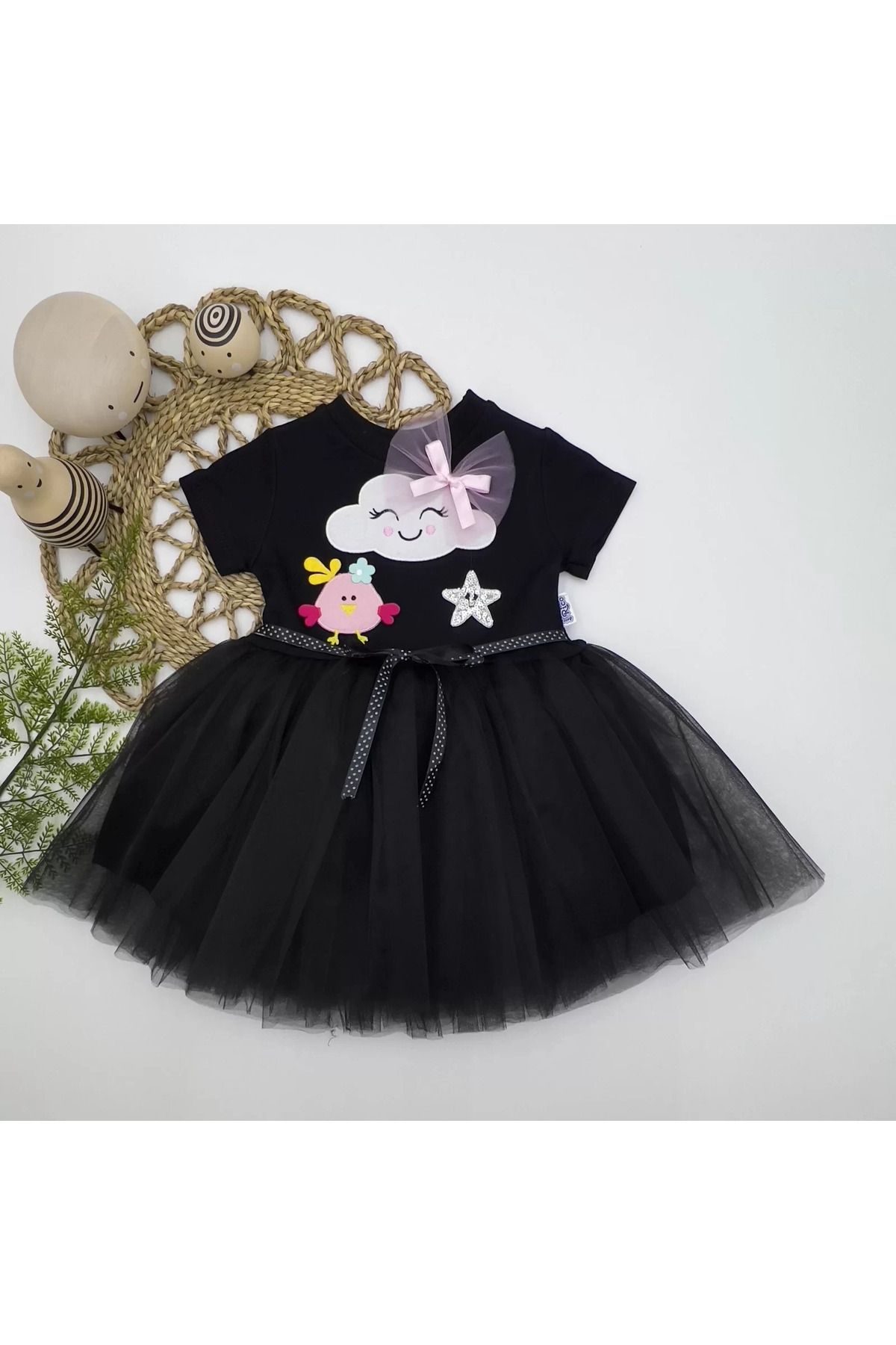 onlinebutik Tül Tokalı Bulut Civciv Ve Yıldız Nakışlı Kız Bebek Elbisesi Siyah