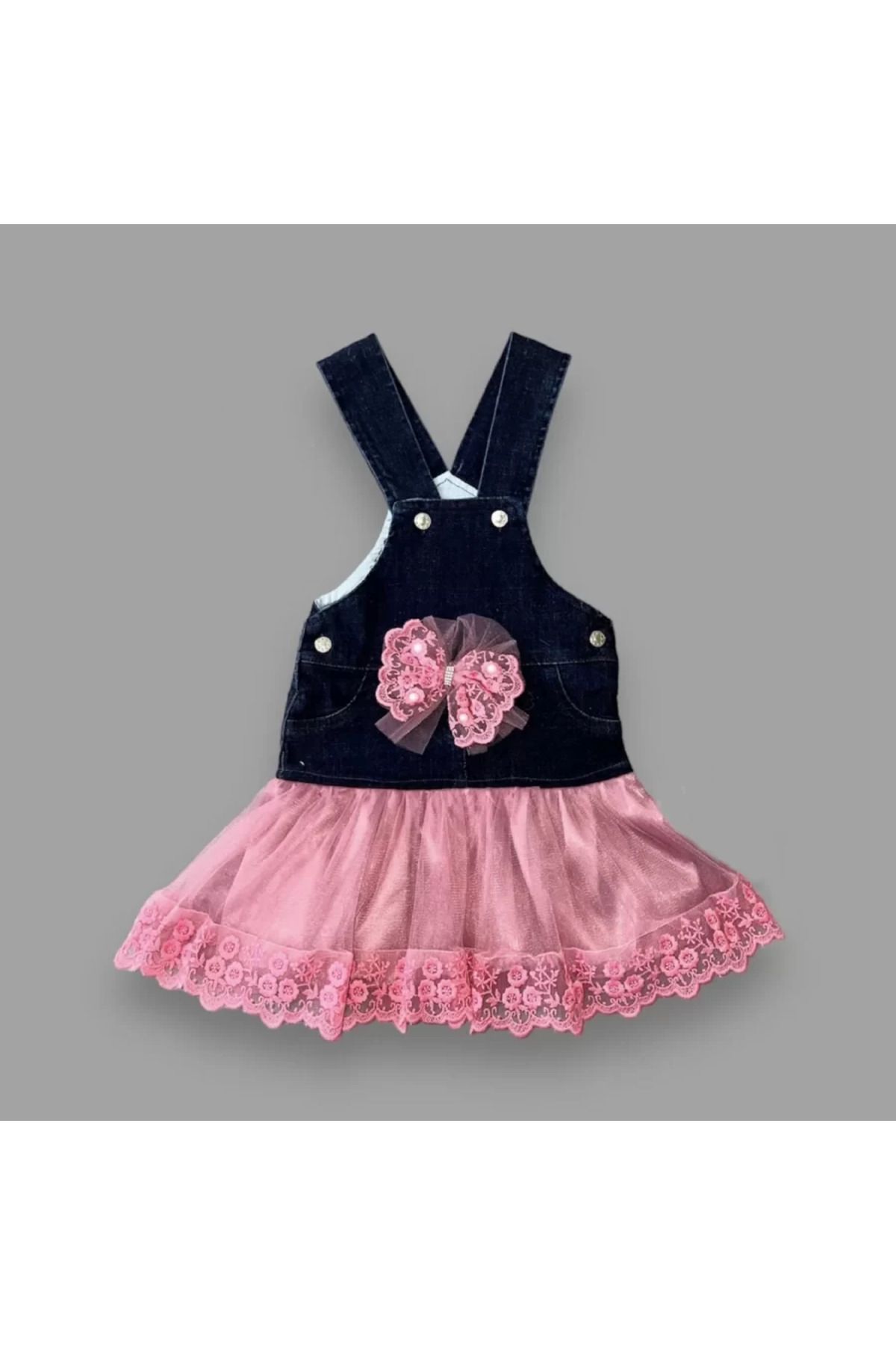 onlinebutik Fiyonklu Düğme Detaylı Tül Etek Kot Kumaş Salopet Kız Çocuk Elbisesi Lacivert-gül Kurusu