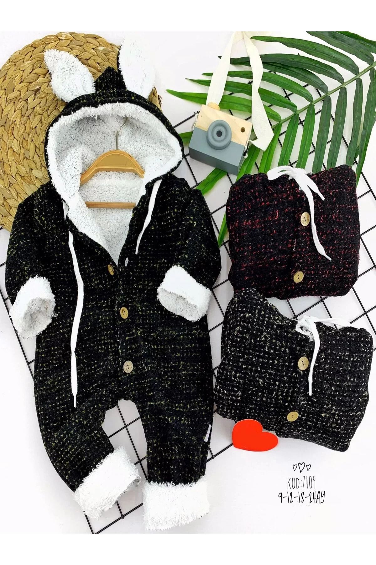 onlinebutik İçi Kuzulu Düğme Kapamalı Kulaklı Kapşonlu Uzun Kollu Kız Erkek Bebek Tulumu Siyah