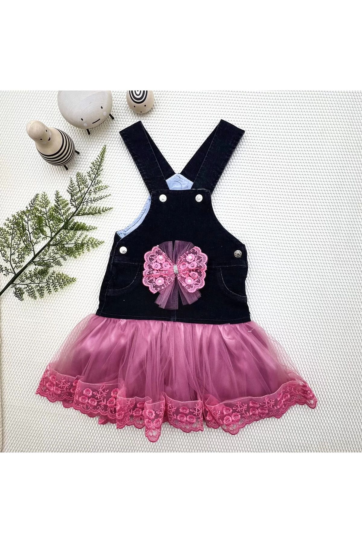 onlinebutik Fiyonklu Düğme Detaylı Tül Etek Kot Kumaş Salopet Kız Çocuk Elbisesi Siyah-gül Kurusu