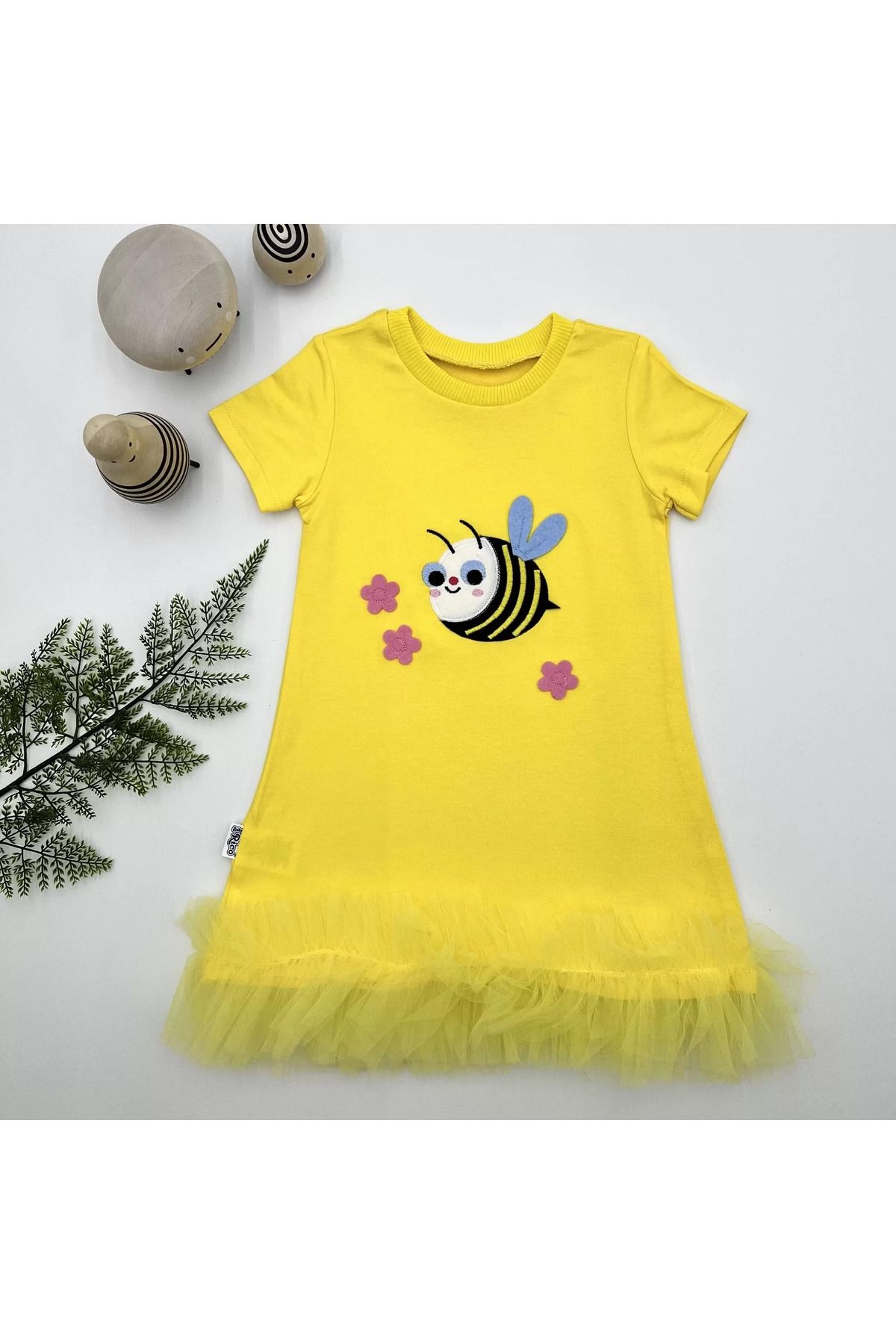onlinebutik Arayıcık Nakışlı Eteği Fırfırlı Jile Kız Çocuk Elbisesi Sarı