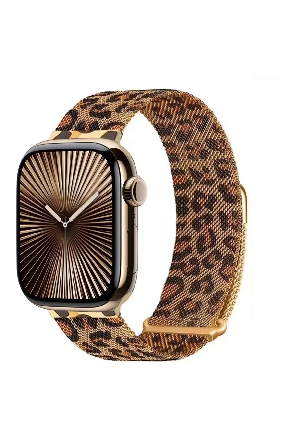 İncisoft Apple Watch Seri 10 42mm & Seri 4/5/6/7/8/9 Se 38 40 41mm Uyumlu Leopar Desenli Metal Hasır Kordon
